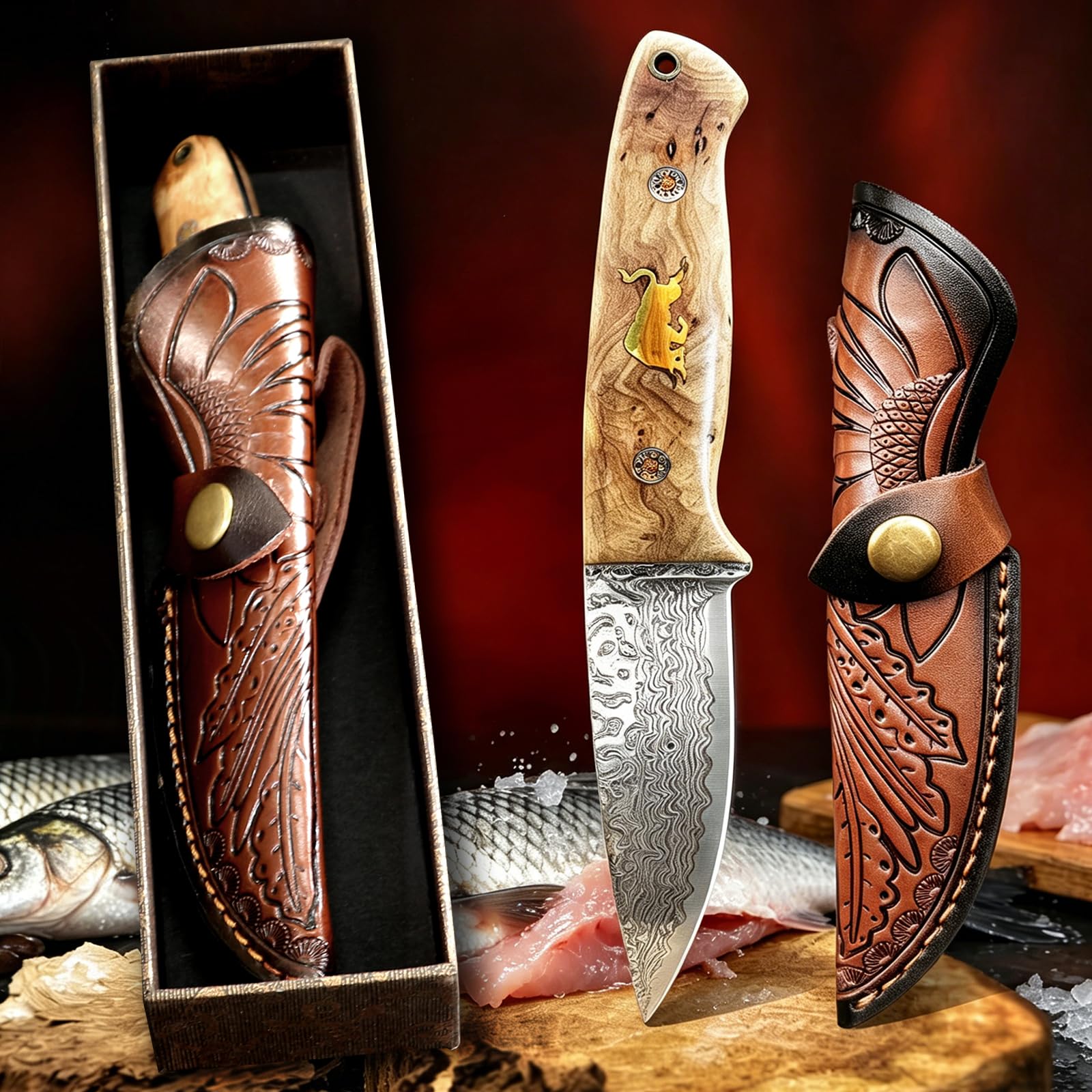 Feststehendes 67-lagiges VG10 Damast Jagdmesser mit Massivholzgriff & Lederscheide, Outdoor Überlebensmesser für Camping Wandern Angeln, Geschenk für Männer