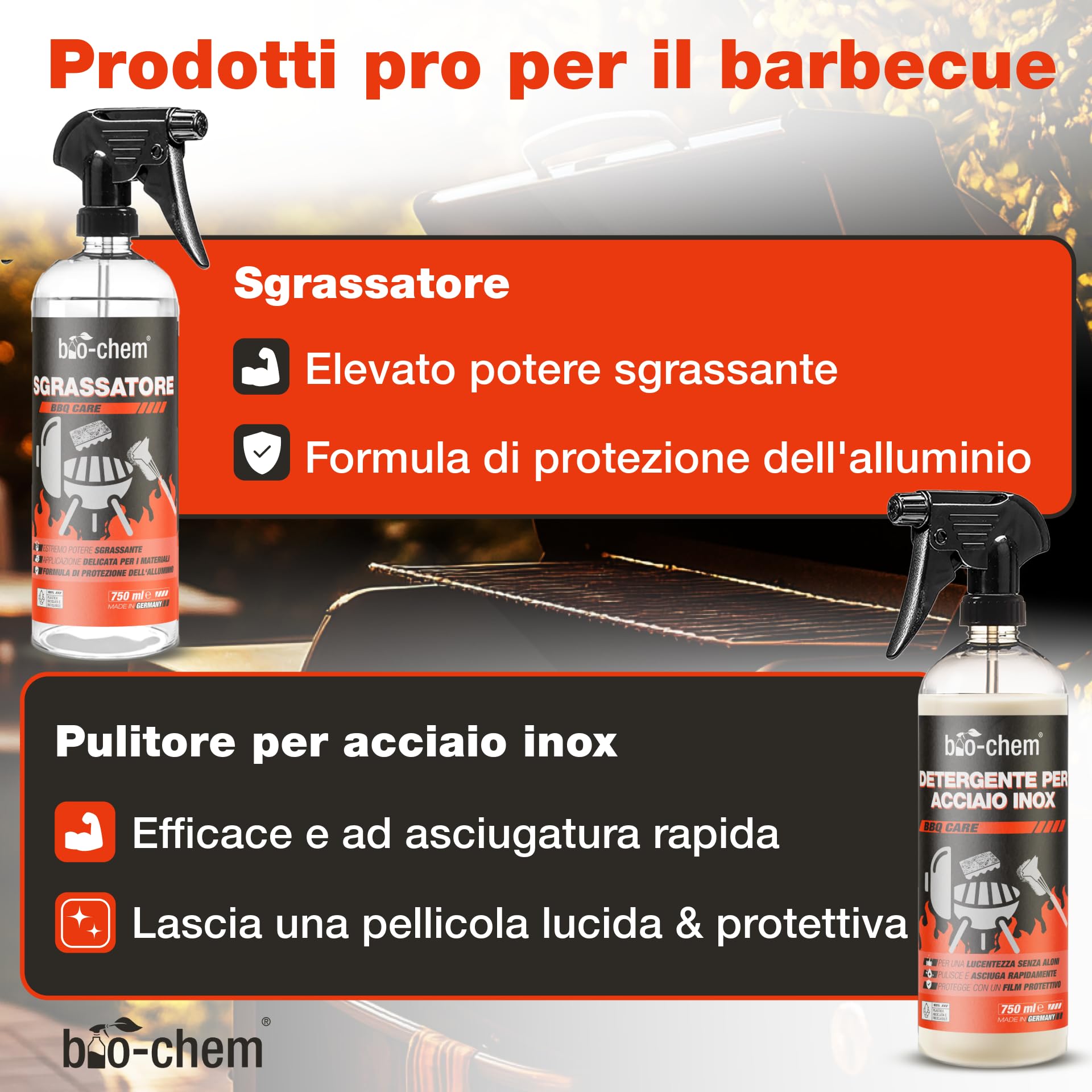 Bio-Chem - Set Pulizia per barbecue 9pz - Decapante resina 0,5L - Detergente per superfici bbq 750ml - Spray inox 750ml - Spray di olio 200ml - Kit completo con accessori griglie brillanti e protette