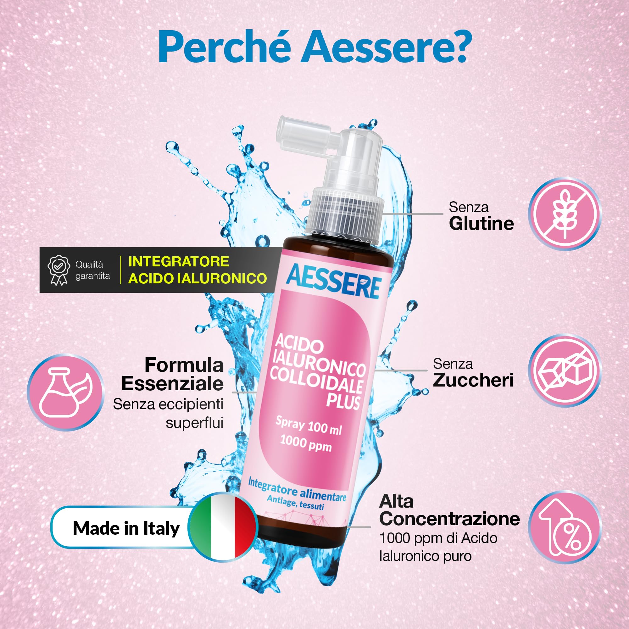Acido Ialuronico Colloidale Spray - Formula Innovativa ad Alta Biodisponibilità, Integratore Pelle e Viso per un’idratazione Profonda - Made in Italy - 100ml Aessere