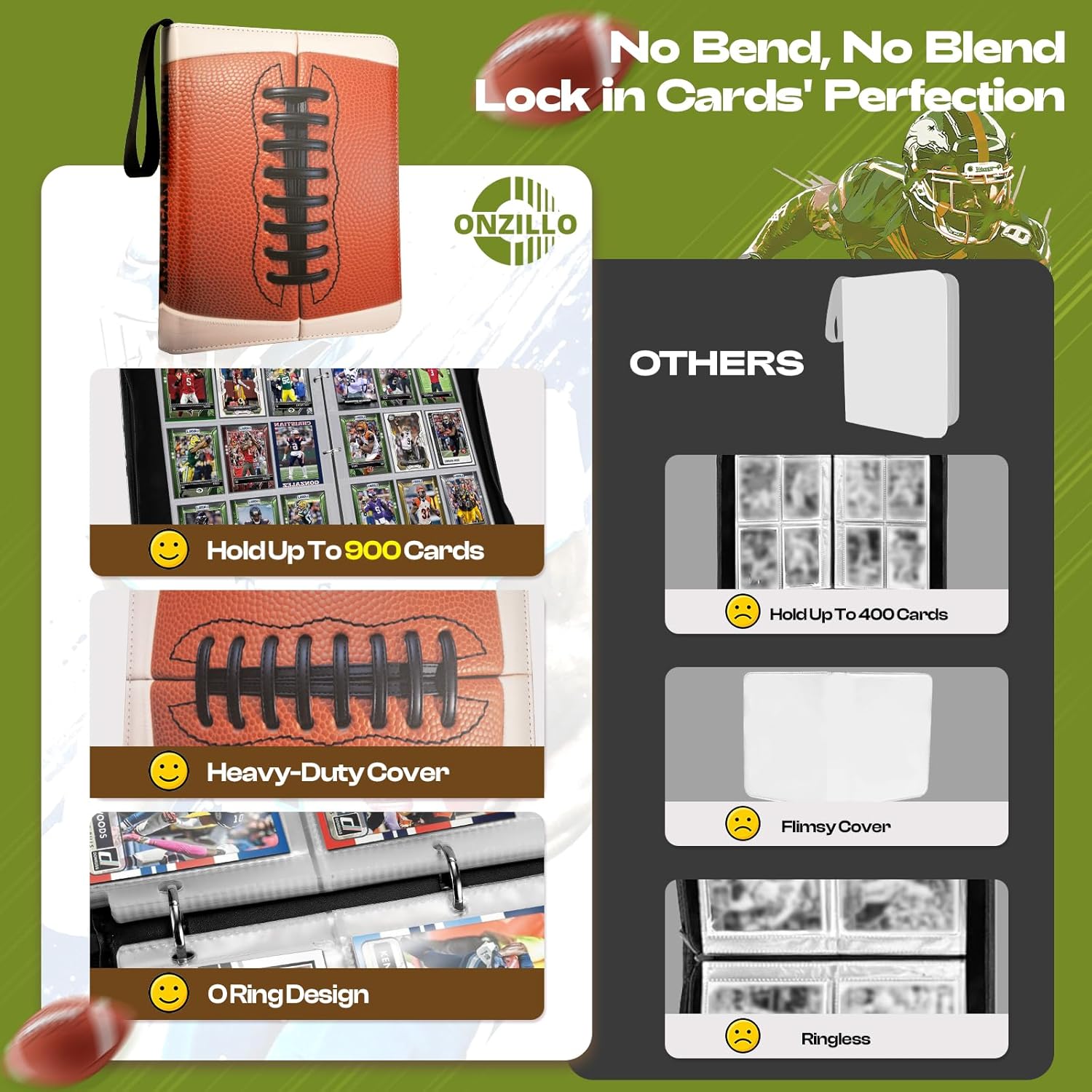 Football Card Binder,900 Pockets Upgraded Trading Card Binder with Zipper, Large Sports Card Holder Include 50 Removable Sleeves,9 Pocket Double Side Card Album Folder for Collection Organizer