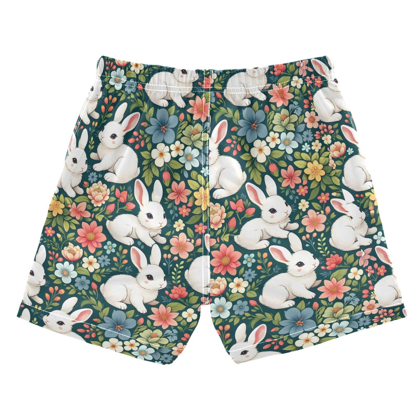 ALAZA Cute White Rabbit Floral Boys' Swim Trunks Beach Shorts Quick Dry Swimsuit 4T