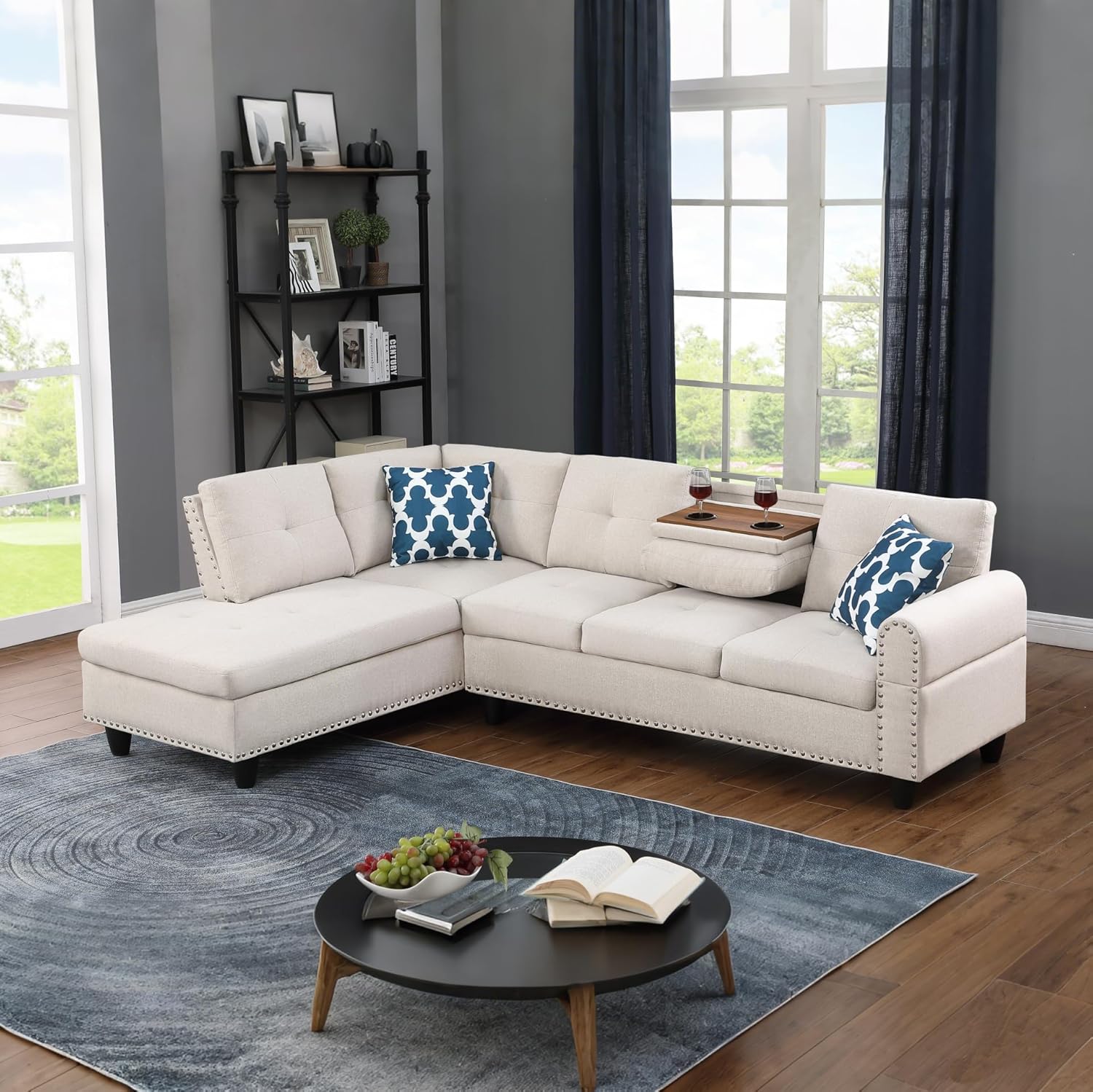 Ball & Cast 98" L Shaped Sectional Couch with Chaise, Linen Upholstered Modular Sectional Sofa with Pillows and Cup Holders,5 Seater Comfy Sofa,Nailhead Trim Design,for Living Room,Apartment,Beige