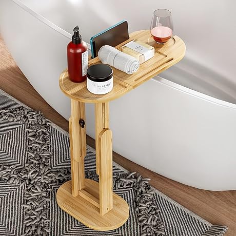 Foldable Bathtub Side Tray with Adjustable Height, Bamboo Tub Caddy Shelf for Luxury Baths