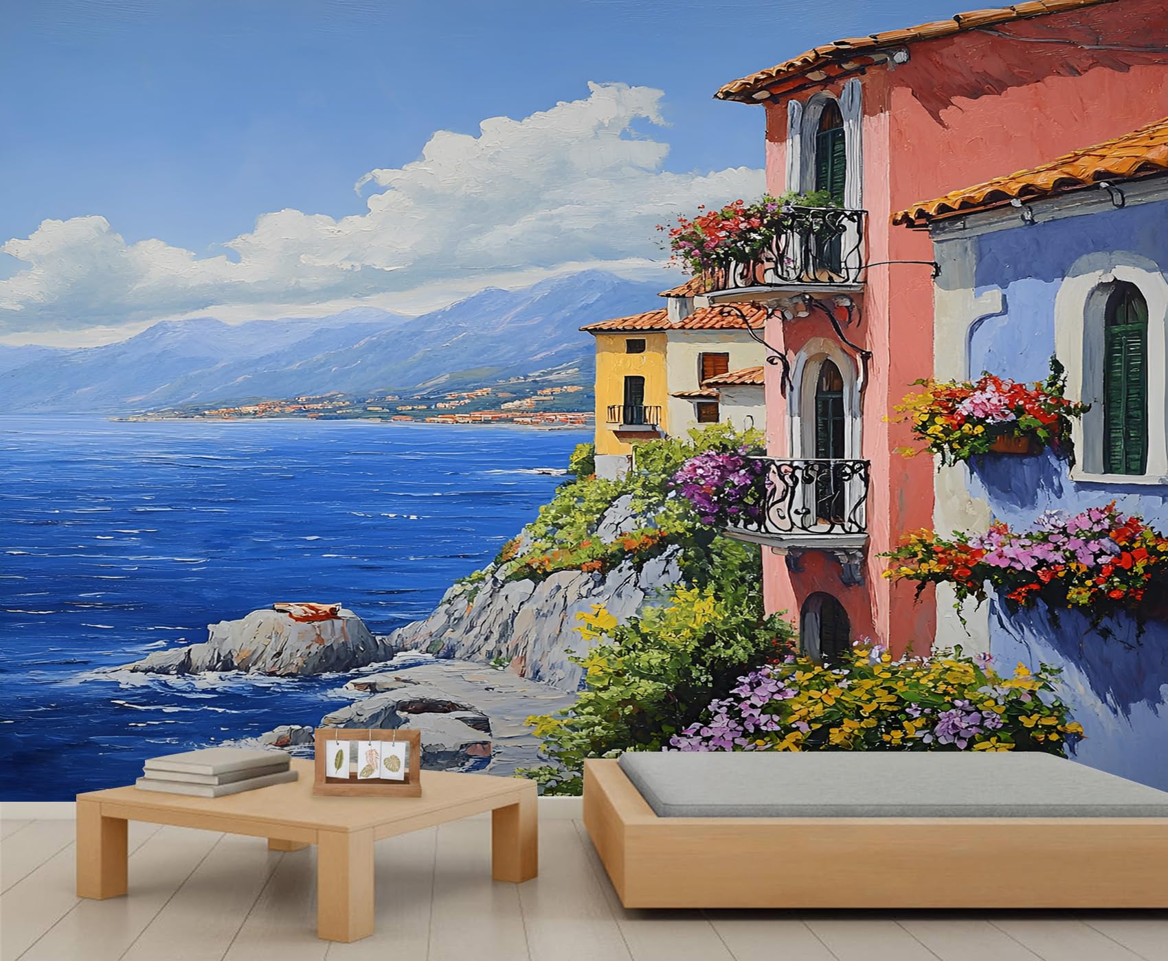 Papier peint fleur colorée et château romantique européen panorama 500 cm