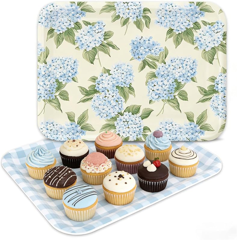 2 bandejas para servir flores de hortensias, plato de melamina, platos florales a cuadros azules para primavera y verano, para compartir fiestas, meriendas, frutas, postres, 10 x 13 pulgadas