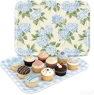2 bandejas para servir flores de hortensias, plato de melamina, platos florales a cuadros azules para primavera y verano, para compartir fiestas, meriendas, frutas, postres, 10 x 13 pulgadas