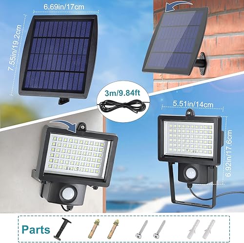 Miniatura 6 de DLLT - Luces solares para exteriores, luces de inundación con sensor de movimiento de 1000 lúmenes, cable de 9.8 pies, panel solar ajustable, luces