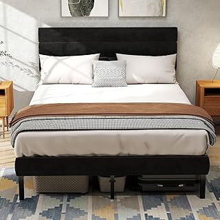 Full Size Platform Bed Frame with Upholstered Headboard, Black Linen, Metal Frame, 800 lbs Capacity, 14 Inch Storage Space, Modern Design, No Box Spring Needed, 77.2x53.9x45.3 Inches
