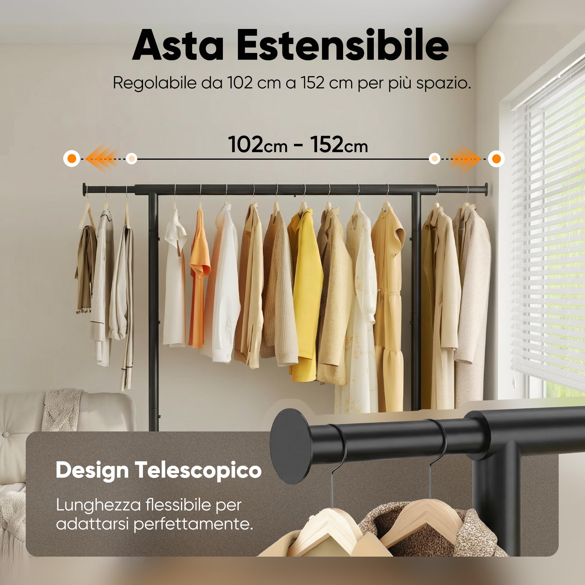 HOKEEPER Appendiabiti da Terra Resistente 136kg, Barra Estensibile con Ruote Bloccabili e Ripiano, Salvaspazio per Camera da Letto, Appartamento Piccolo, Lavanderia, Nero