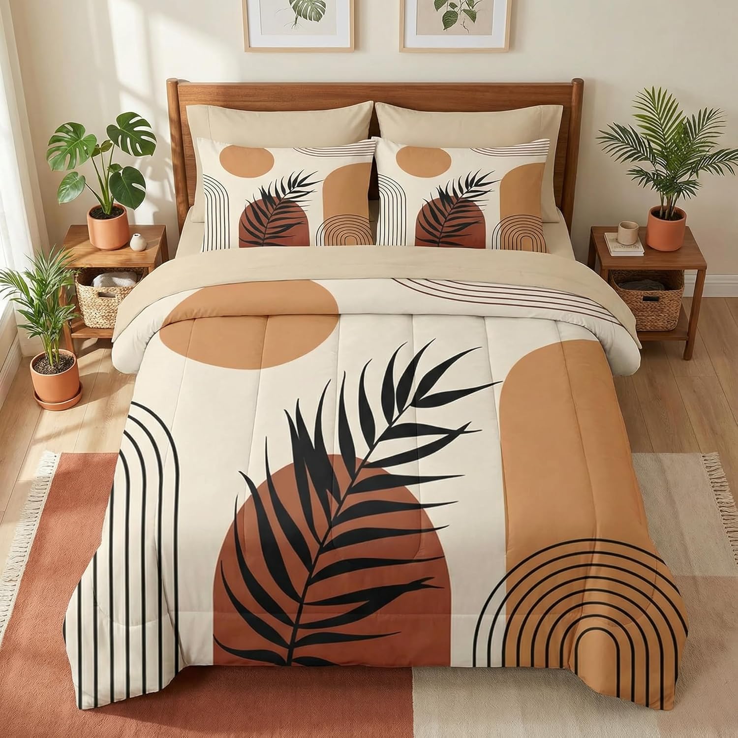 Pamnest Comforter Set Queen Size, Boho Mid Century 7 Pcs Bedding for Kids and Adults, Sun Orange Leaves Bed Sheet Sets with Fitted Sheet 2 Pillowcase & 2 Sham for Bedroom Bed Decor
