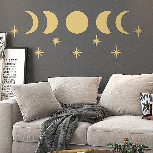 Calcomanías de pared de vinilo dorado metálico vintage con estrellas y fases lunares, calcomanías bohemias modernas para despegar y pegar,