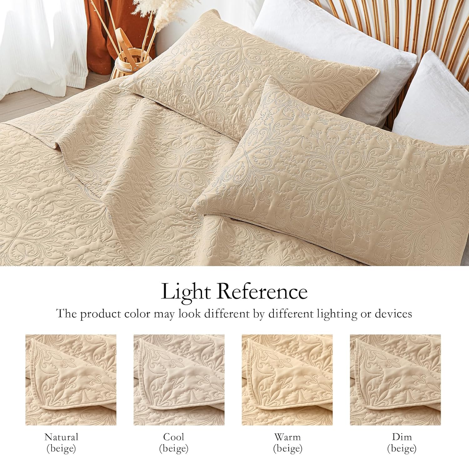 akkialla Beige King/Cal King Quilt Bedding Set for All Seasons,Lightweight Bedspread King Size,Modern Style Soft Microfiber Elegant Floral Design Coverlet Set(1 Quilt,2 Pillow Shams) - Image 4