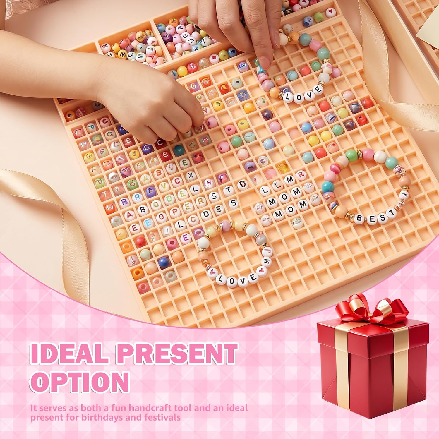 Tcwhniev DIY Pony Beads Fast Stringing Tray for 6×9mm Pony & 6×6mm Letter Beads for Kandi Bead Bracelet Making Board Tray with 2 Beading Needles and Storage Tube for Crafts Gifts