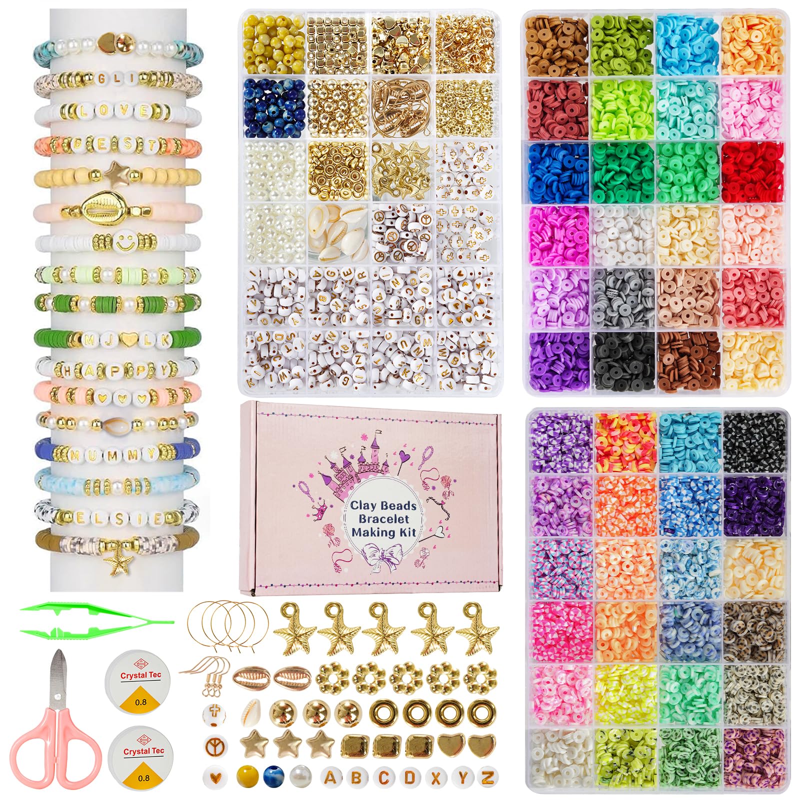 10750 Pcs Clay Beads Bracelet Making Kit, 48 Colors 3 Boxes Flat Round Polymer Clay Bead Set, 6mm Heishi Bead for Jewellery Making Kit, Friendship Bracelet Kit, DIY Crafts Gift for Girls Kids Adults