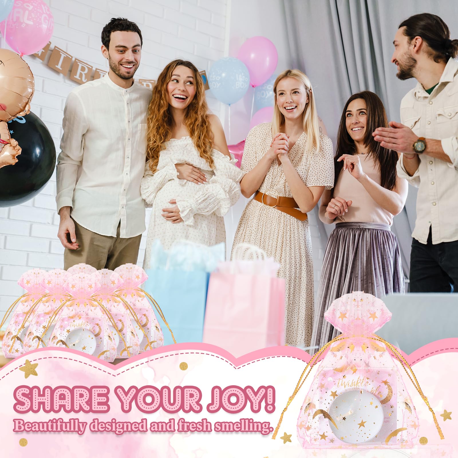 50 zestawów świec na baby shower, 50 szt. świec herbacianych dla gości, z 50 woreczkami z organzy w kształcie gwiazdy księżyca i 50 szt. zawieszki z podziękowaniami, upominki na przyjęcie dla dziecka,