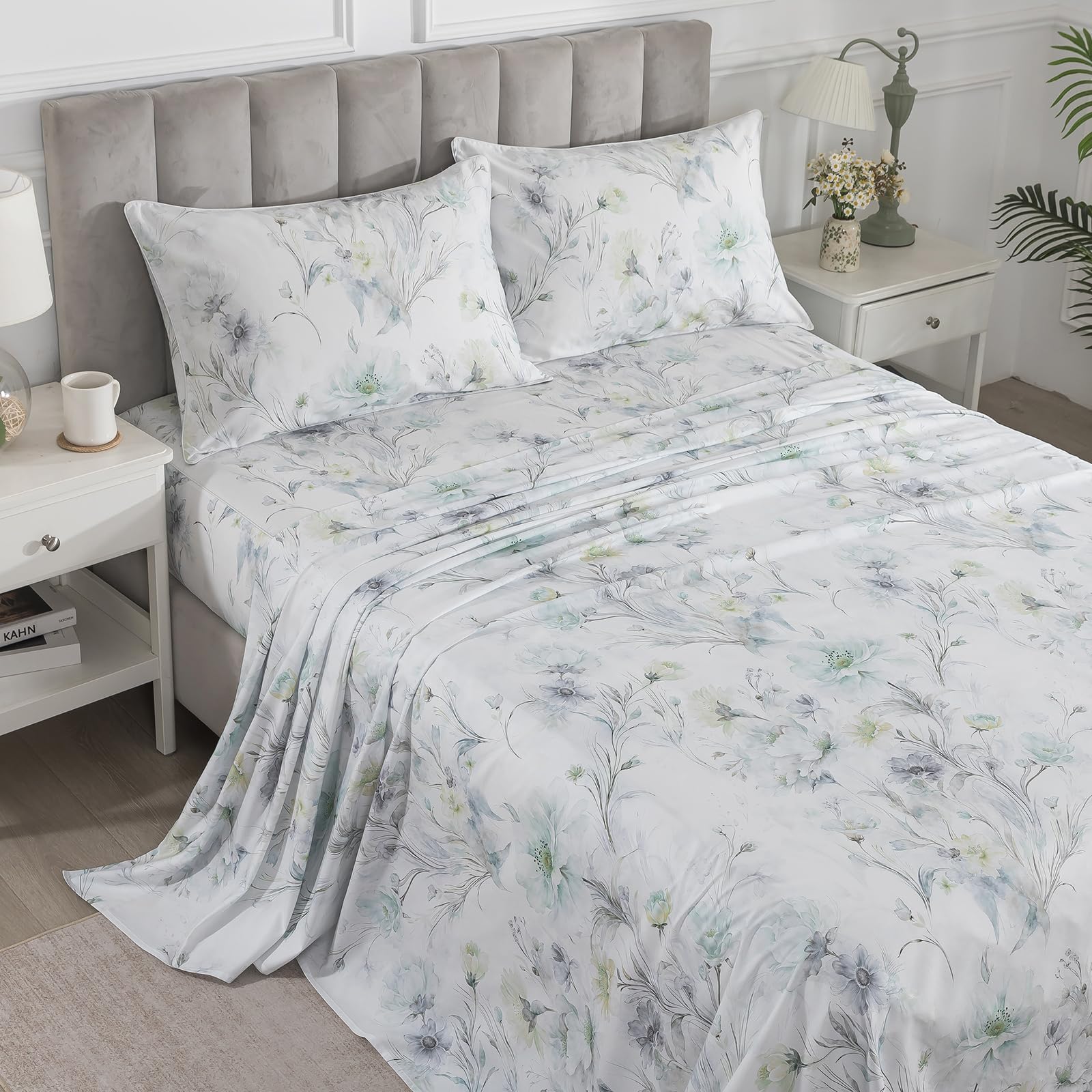Vintage Green Floral Percale Sheets Queen Size, Deep Pocket, 4Pcs | 100% Cotton Patterned Farmhouse Sheet Set, Shabby Chic White Bed Sheets, French Country Bedding, Dark Gray Flower, Soft Crisp