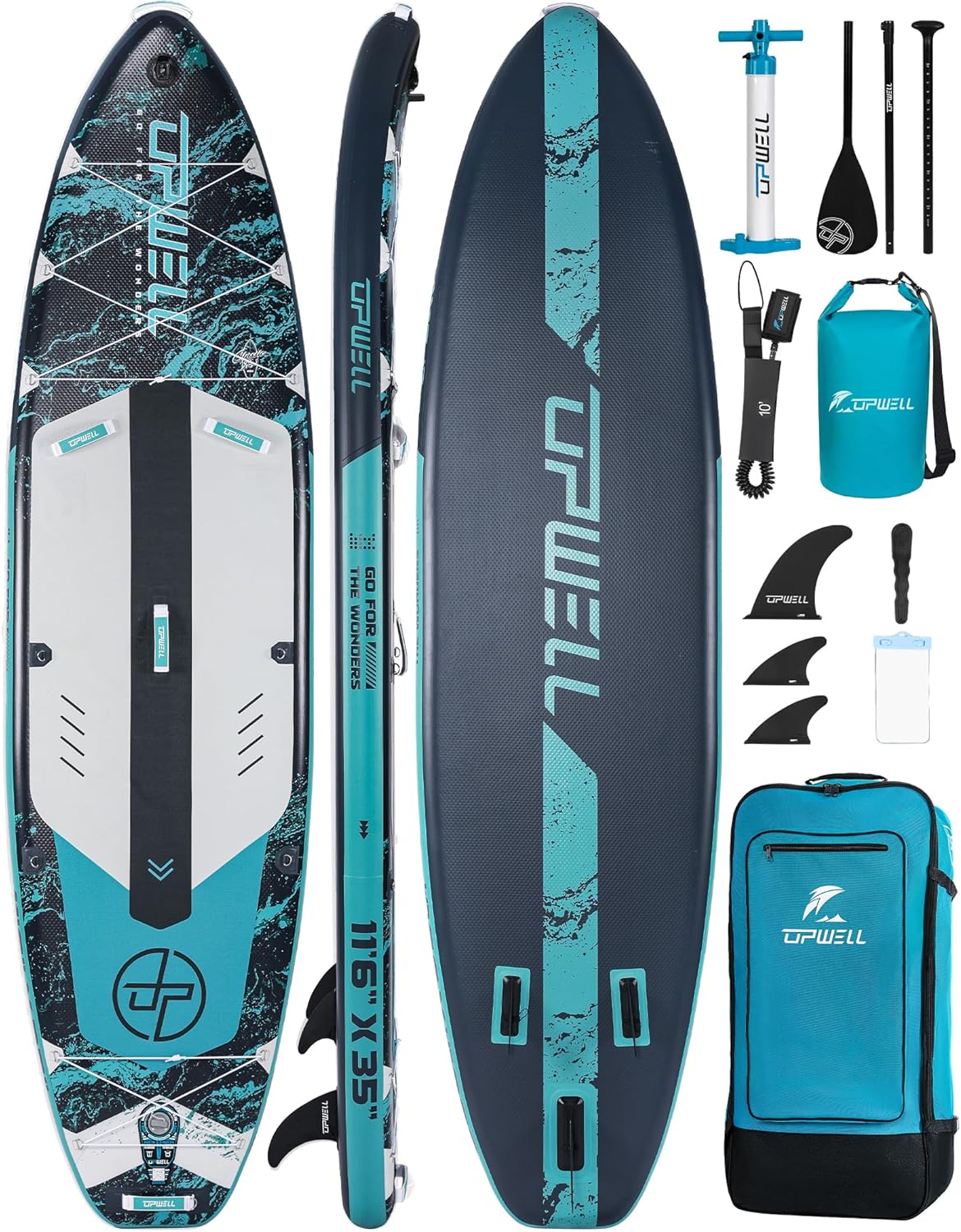 Upwell 10'6"/11'/11'6" Inflatable Paddle Board with Accessories, Backpack, Leash, Hand Pump, Fins