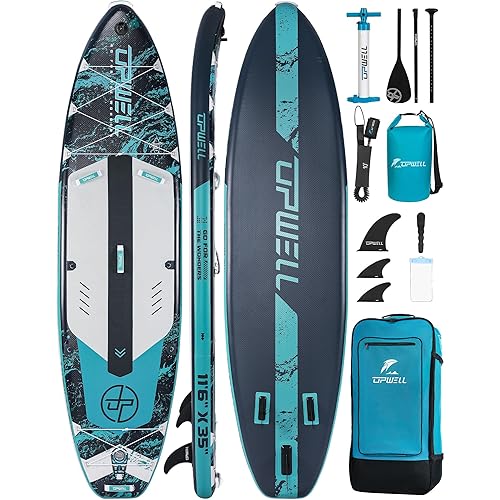 UPWELL 10'6"/11'/11'6" Inflatable Paddle Board, Stand Up Paddlboard for Youth & Adults, Stable Design, Premium SUP Accessories, Backpack, Leash, Hand Pump, Fins