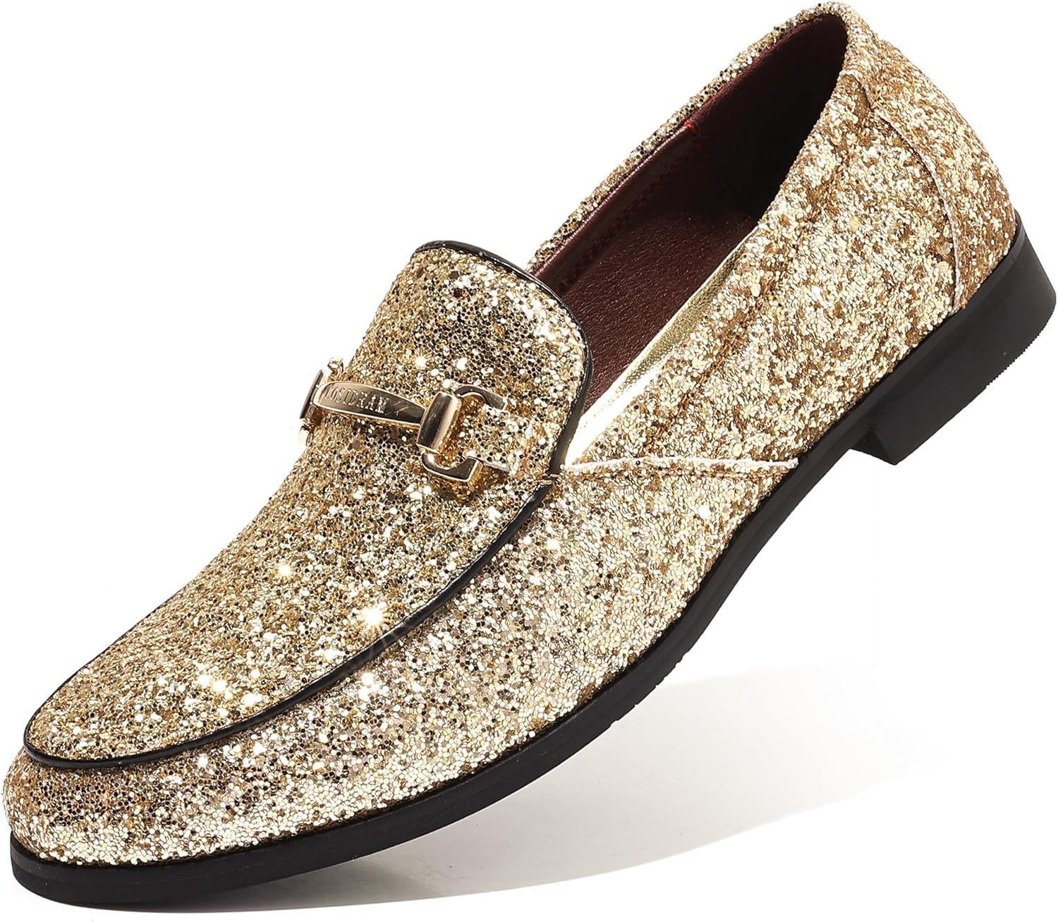 COSIDRAM Men's Glitter Dress Shoes Metallic Sequins Tuxedo Luxury Gold Buckle Loafers Slip-on Wedding Party Shoes
