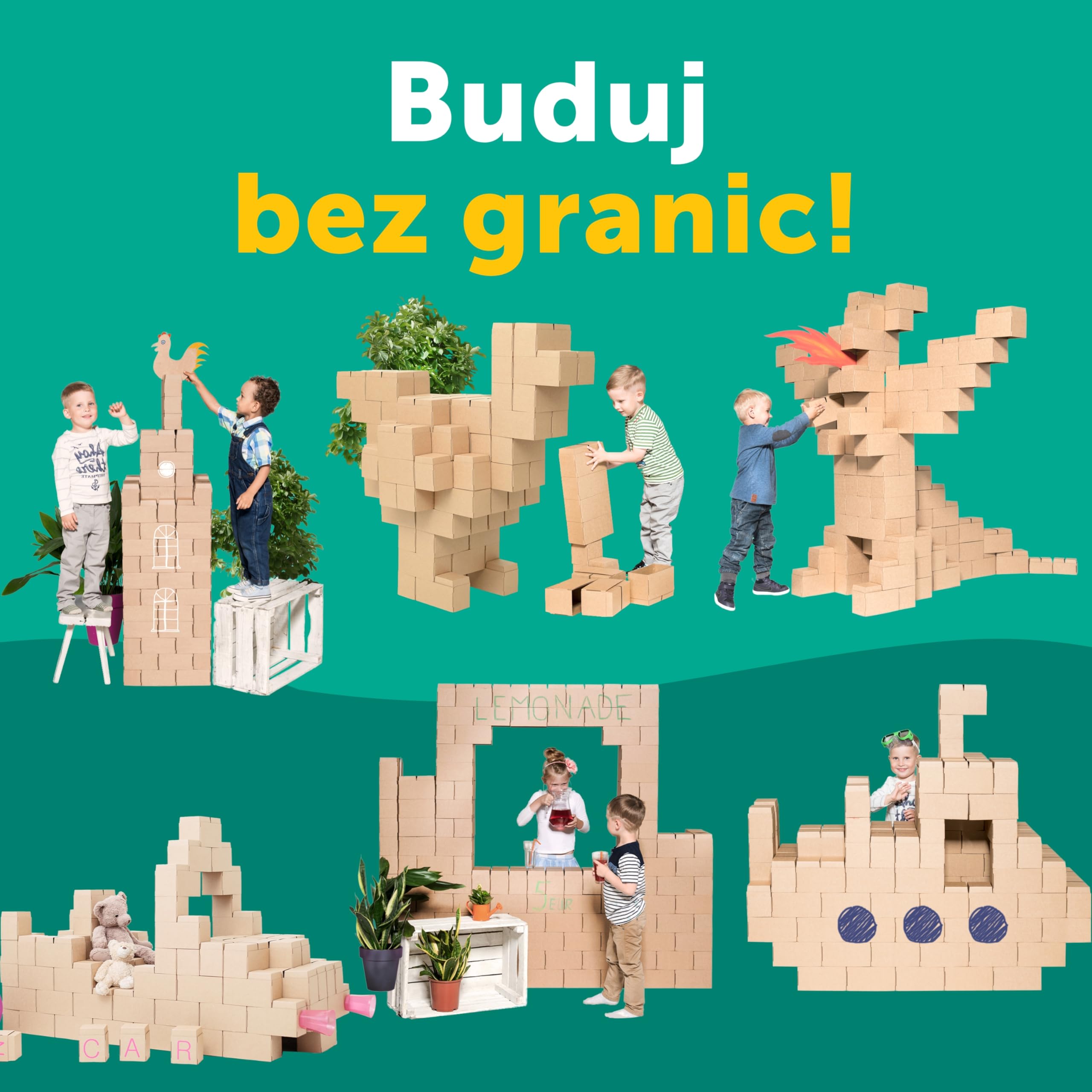 GIGI Bloks 100 XXL Wielkie Klocki Konstrukcyjne dla Dzieci, Kartonowe i Wytrzymałe | Buduj Prawdziwe Zamki i Fortece | Kreatywna Zabawka Edukacyjna Montessori dla Chłopców i Dziewczynek od 3 Lat