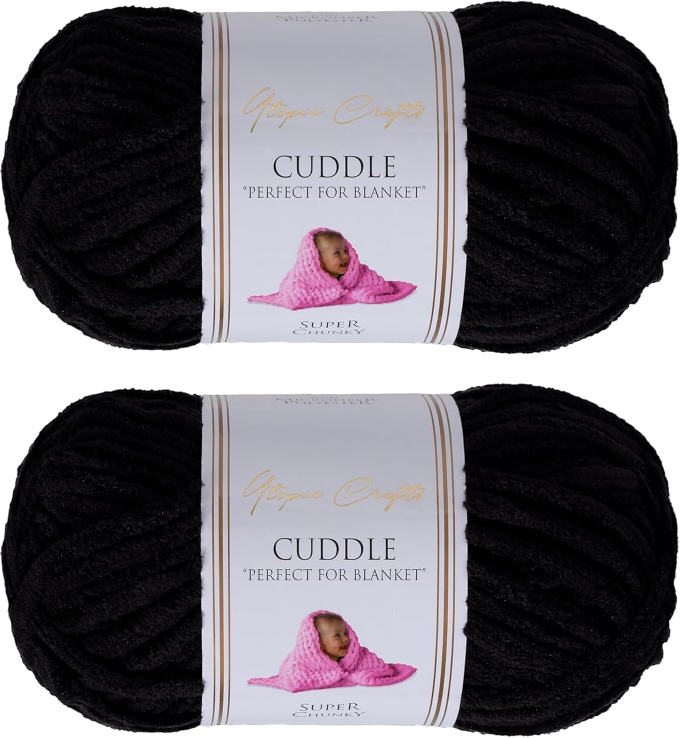 Utopia Crafts Cuddle Super Chunky Chenille Yarn Black, 100g 60m Ball, Fluffy, Soft & Easy to Use, Perfect for Crochet & Knitting, Machine Washable, Beginner-Friendly Wool Alternative - Pack of 2