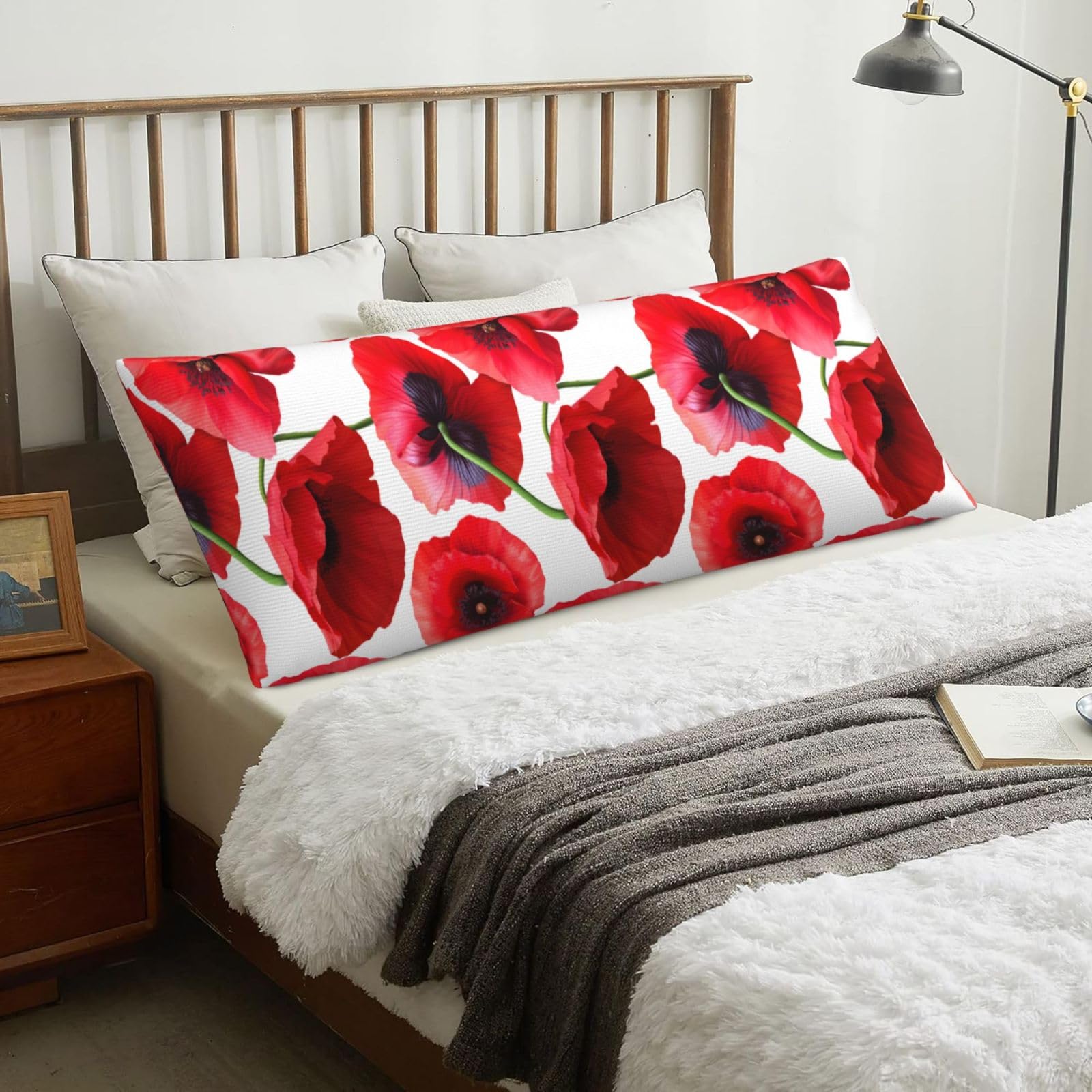 Poppy Seamless Pattern, Body Pillow Cover with Zipper,Long Body Pillowcase 20 x 60 in