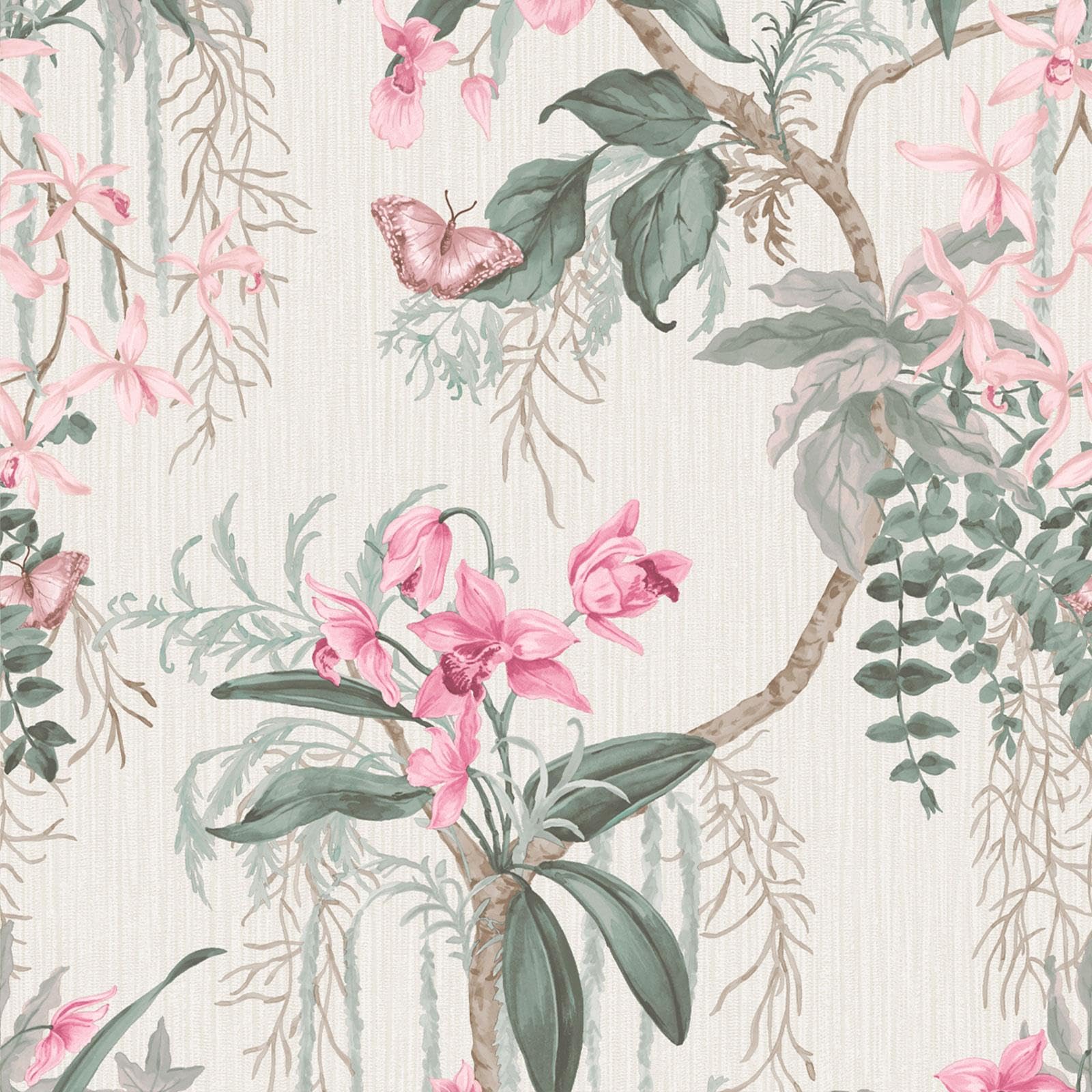 Suki Floral Tropical Lush Textured Wallpaper with Butterflies Perfect for Living Rooms, Bedrooms, Restrooms, Dining Room Wallcoverings Pink/Cream Belgravia 2163