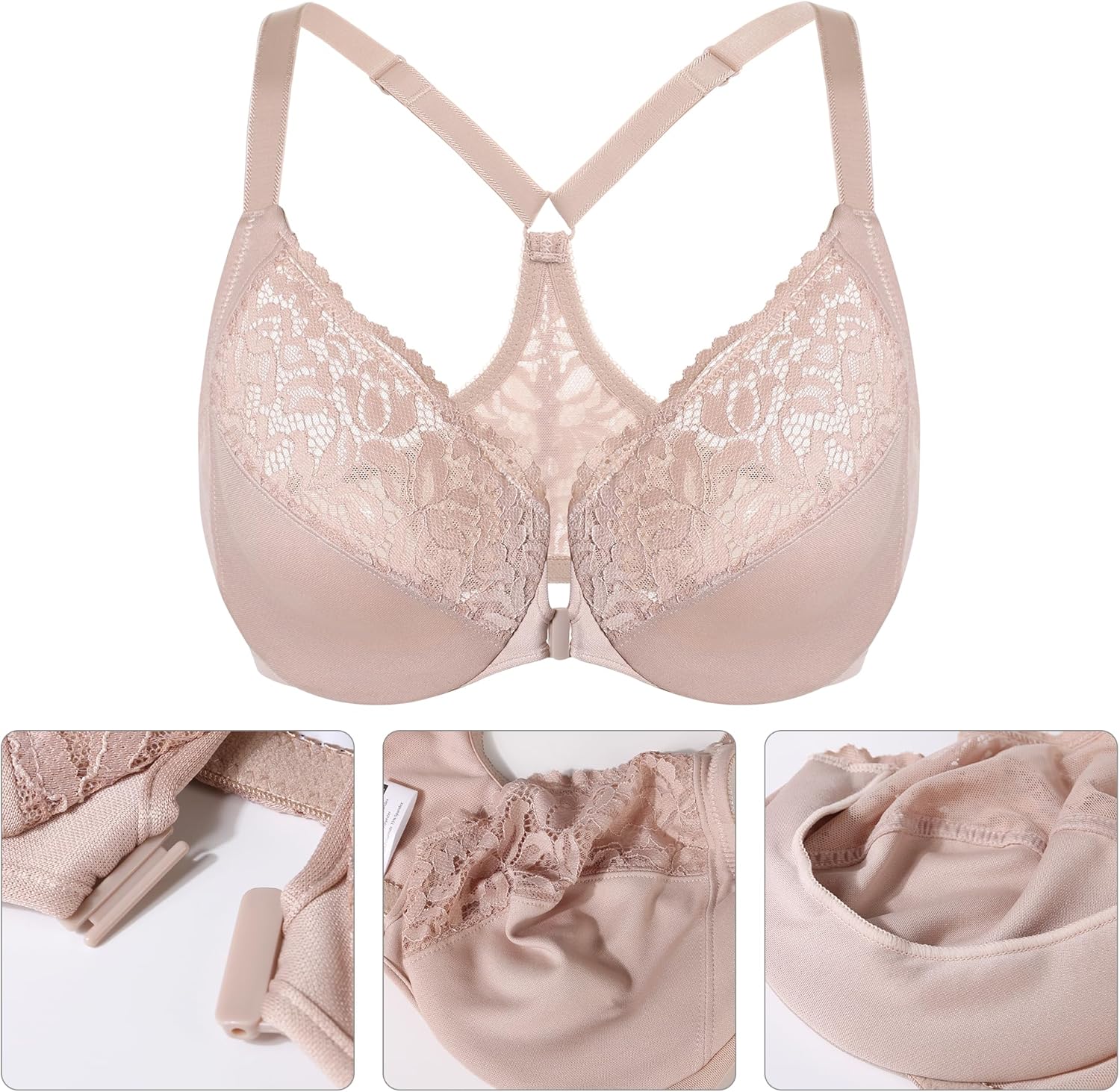 Lemorosy Women’s Full Figure Plus Size Non Padded Front Closure Lace Racerback Underwire Everyday Bra - Image 6