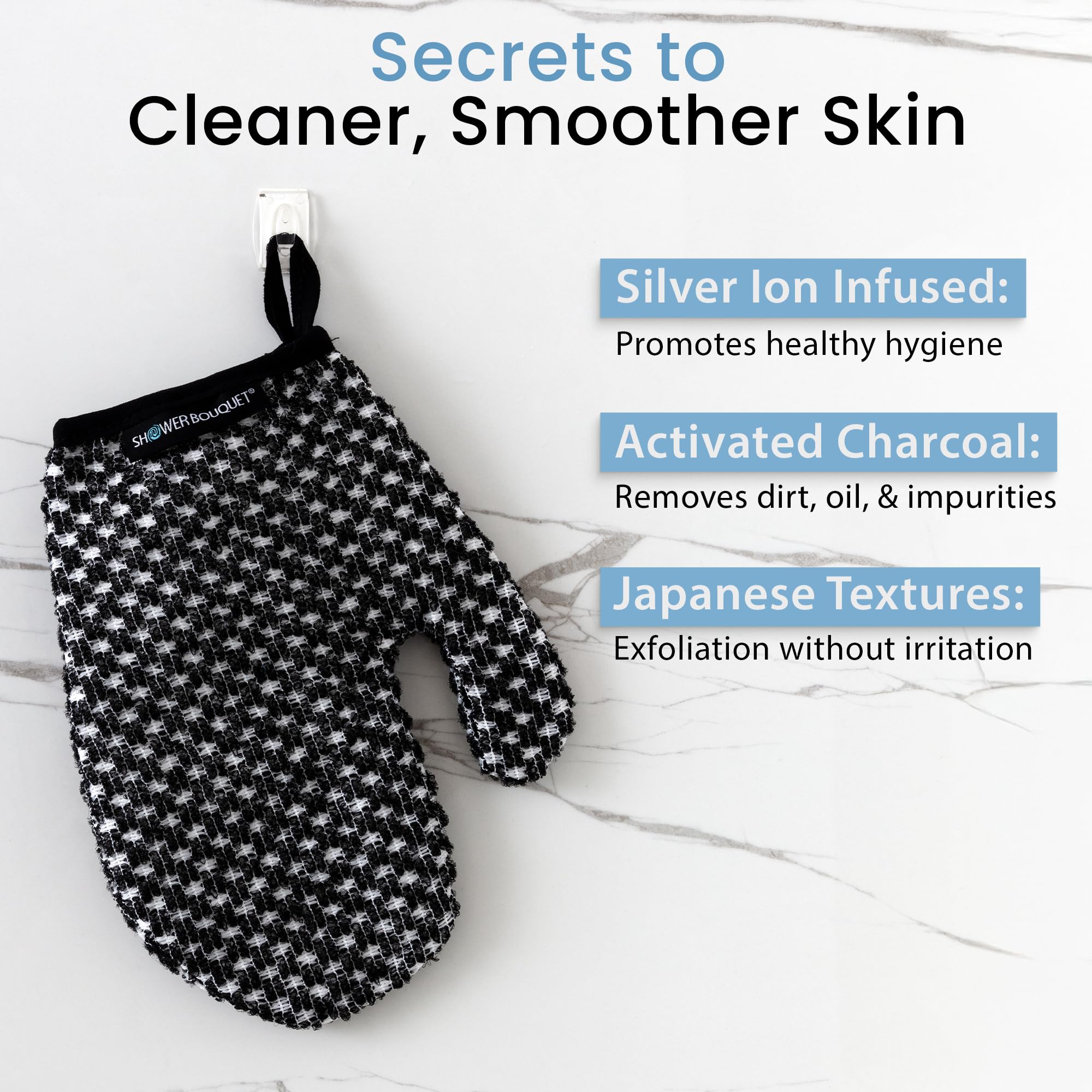 SHOWER BOUQUET Japanese Exfoliating Mitt with Charcoal & Silver Ion