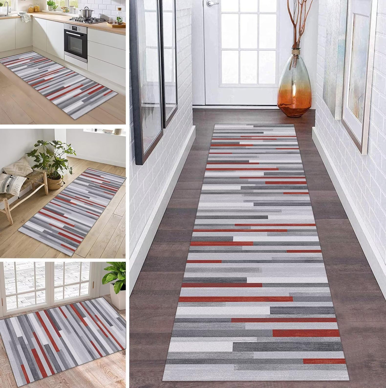 Teppich Läufer Flur rutschfest Küchen Teppich 70X160CM Grau Rot Küchenteppich Küchenläufer Korridor Schlafzimmer Wohnzimmer Meterware Eingang