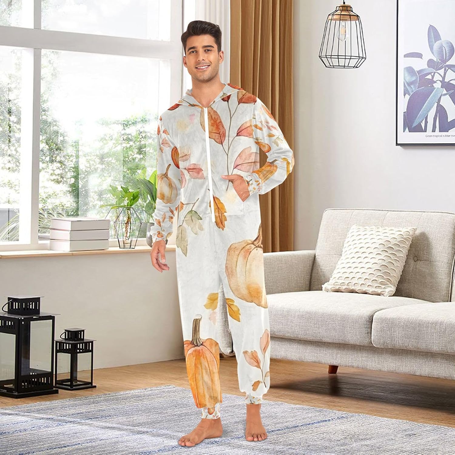Pumpkins Autumn Leaves Fall Adult Onesie Pajamas for Unisex Novelty One Piece Costume Sleepwear