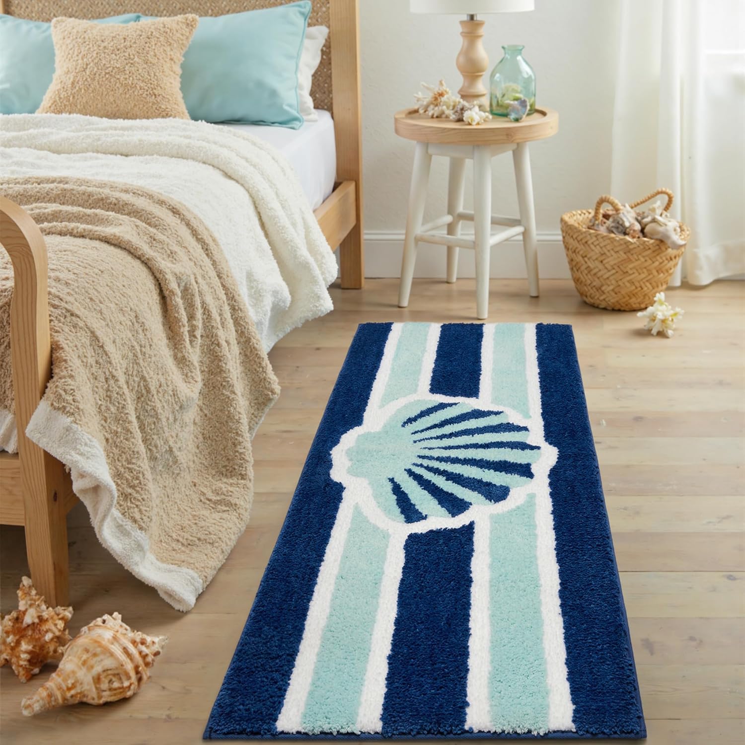 Navy Blue Beach Long Bathroom Rugs Runner Non Slip Washable Cute Coastal Bath Mats Rugs for Bathroom Floor Nautical Fluffy Plush Soft Absorbent Farmhouse Carpet for Shower, Tub, 20x47 inch