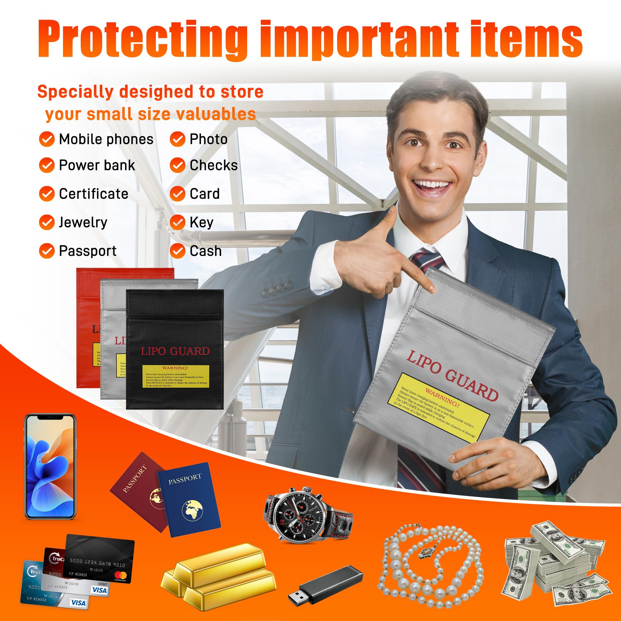 Bolsa de Seguridad Ignífuga, Bolsa de Seguridad Prueba de Explosiones, Bolsas Prueba de Fuego Resistente para Objetos Valo, Pilas, Dinero Efectivo, Pasaporte, Joyería (22.5 x 18.5cm)