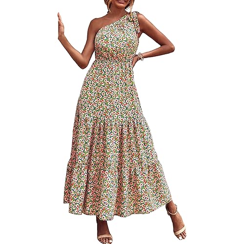 PRETTYGARDEN Womens 2024 Floral Knot One Shoulder Sleeveless Ruffle Hem Flowy Boho Dresses