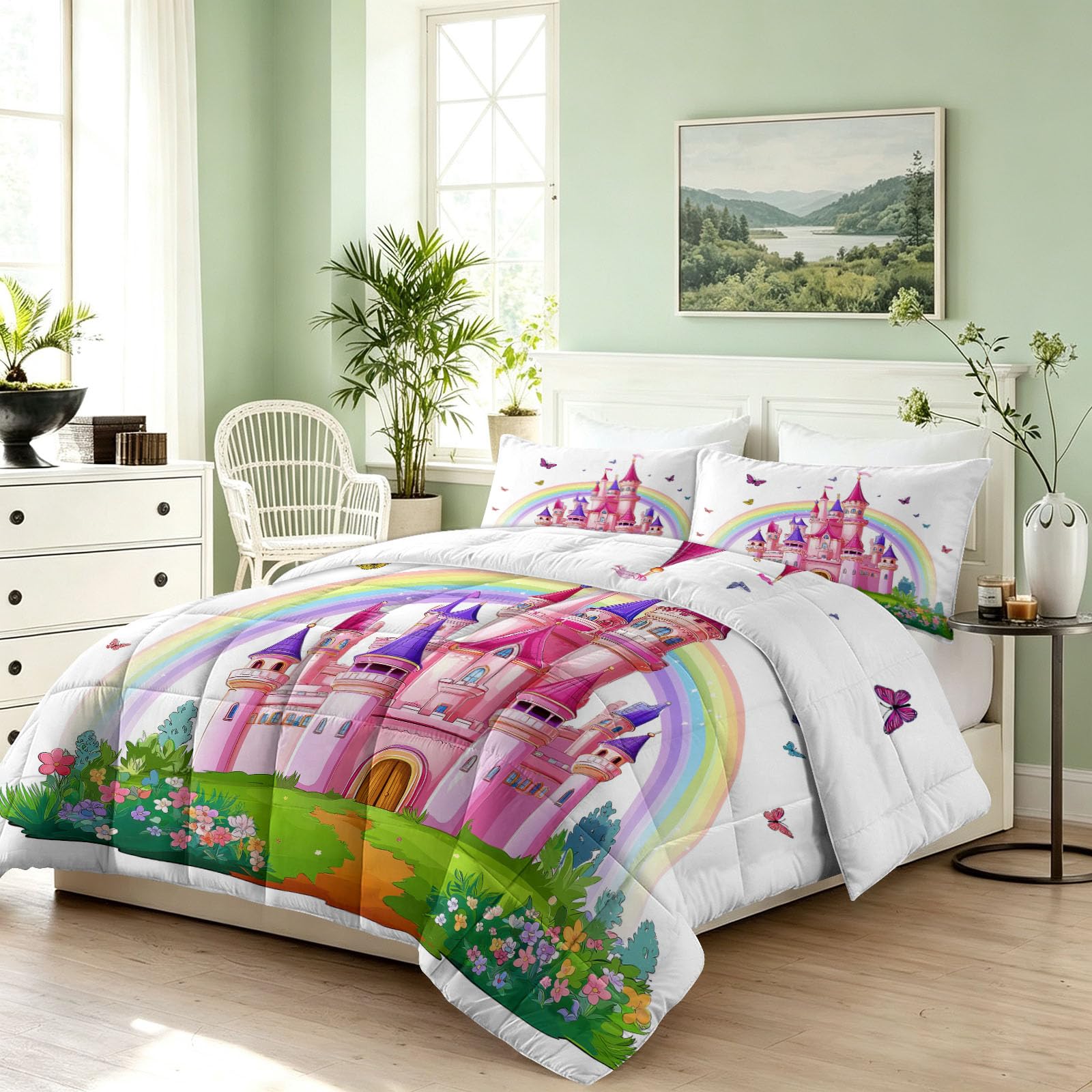 Edredón de 140 x 200 cm, diseño de castillo de arco iris, con mariposas, 1 persona, lavable, 4 estaciones, dibujos animados, suave e hipoalergénico, reversible sin fundas, con 2 fundas de almohada de