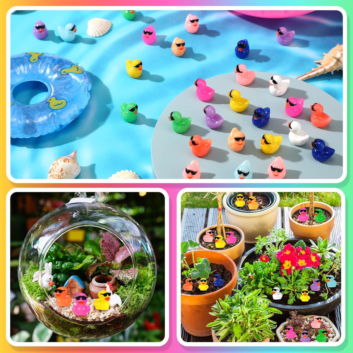 Qunclay 400 Pcs Mini Resin Ducks Colorful Mini Ducks for Cruise Ship Tiny Duck with Sunglasses Duck to Hide Pranks, DIY Dollhouse Garden Home Landscape Aquarium