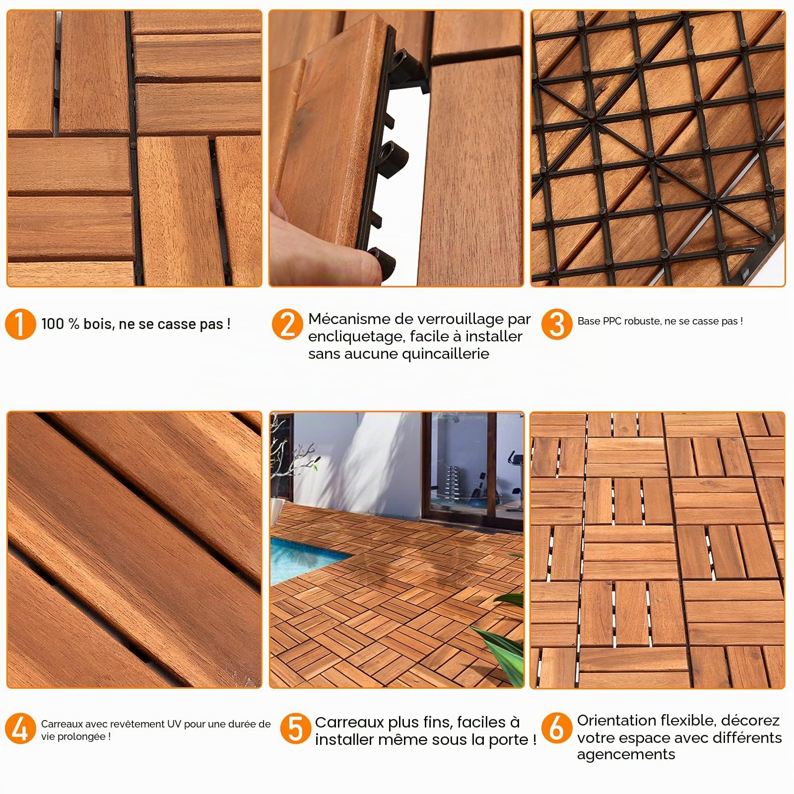 Randaco Carrelage en bois pour balcon - 30 x 30 cm - 11 carreaux de 1 m² - Convient comme dalles de terrasse et de balcon - En bois d'acacia pour jardin, terrasse, balcon, avec drainage