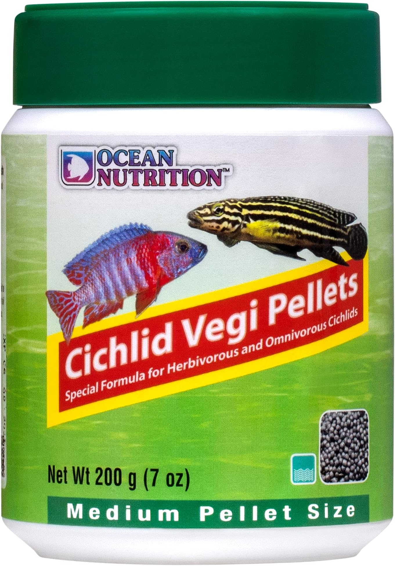 Ocean Nutrition Cichlid Fish Food - Vegi Sinking Cichlid Pellets for Herbivorous Freshwater Fish, Soft & Moist, High Protein, Vitamins & Minerals, Non-Clouding, 7 oz (200 g), Medium Pellet