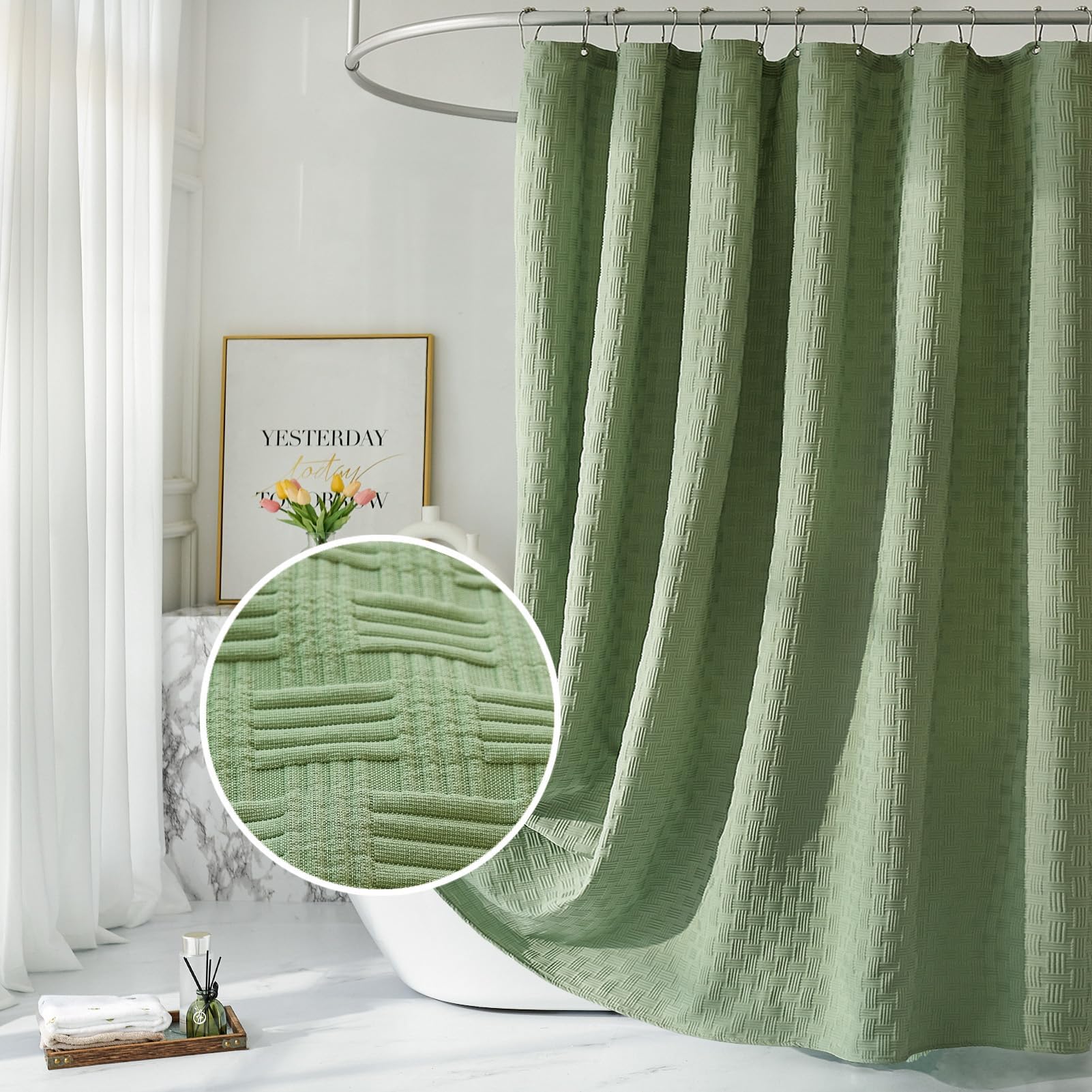 Amazon.com: ORTIGIA Sage Green Fabric Shower Curtain, Woven Textured ...