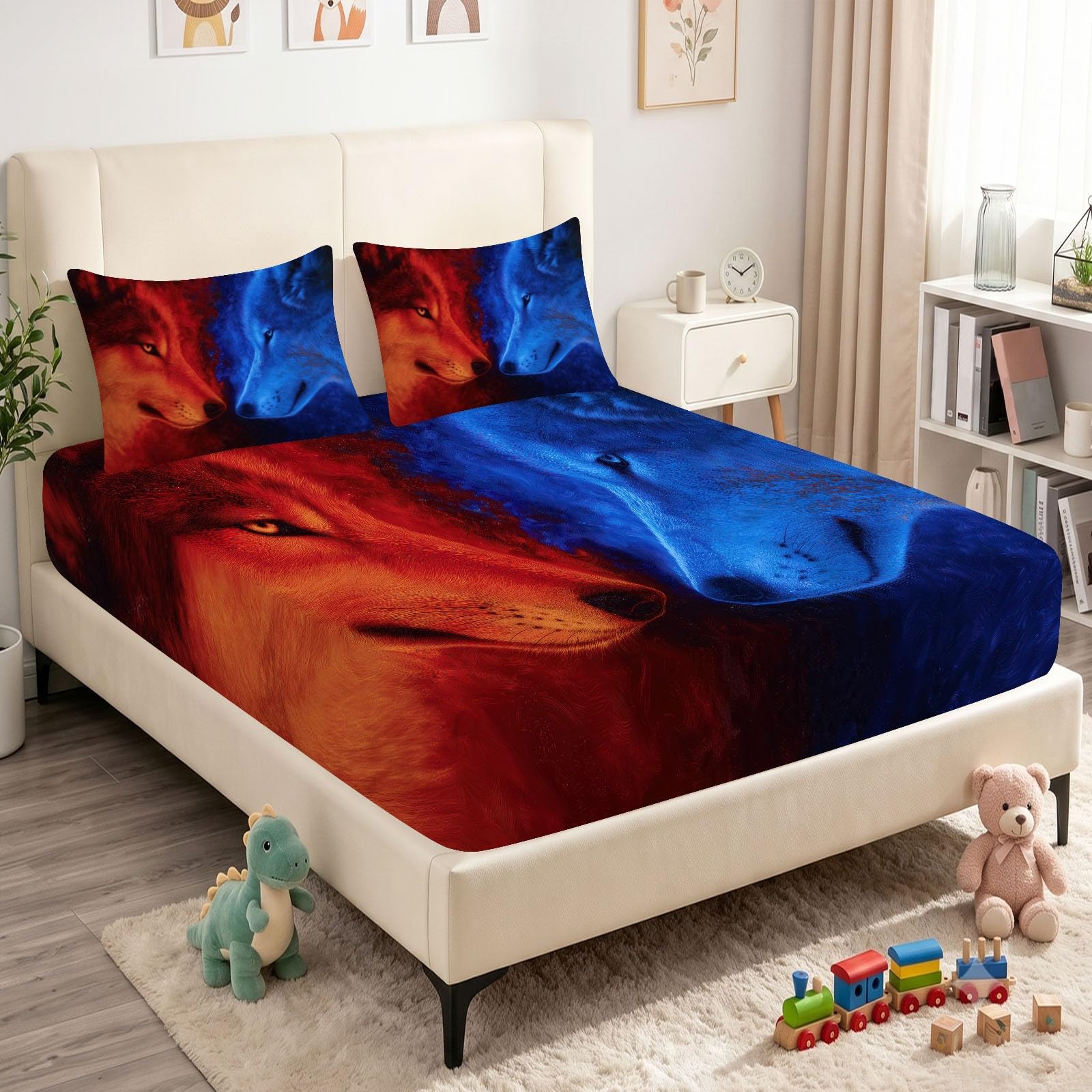 Juego de 3 sábanas bajeras ajustables de 140 x 200 cm para cuna, sábana bajera de fantasía de microfibra transpirable, sábana bajera con diseño de animales, hielo, fuego, lobos y 2 fundas de almohada