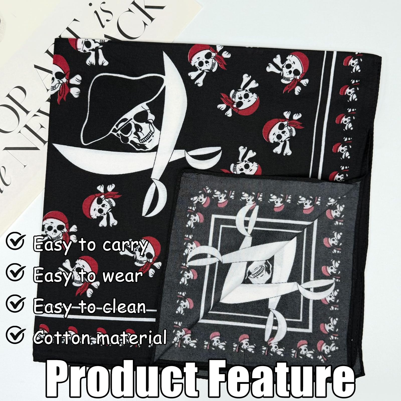 3 pañuelos negros de calavera, diadema de pirata de Halloween, bufanda de algodón de doble cara, envoltura para la cabeza para mujeres y hombres, uso diario unisex