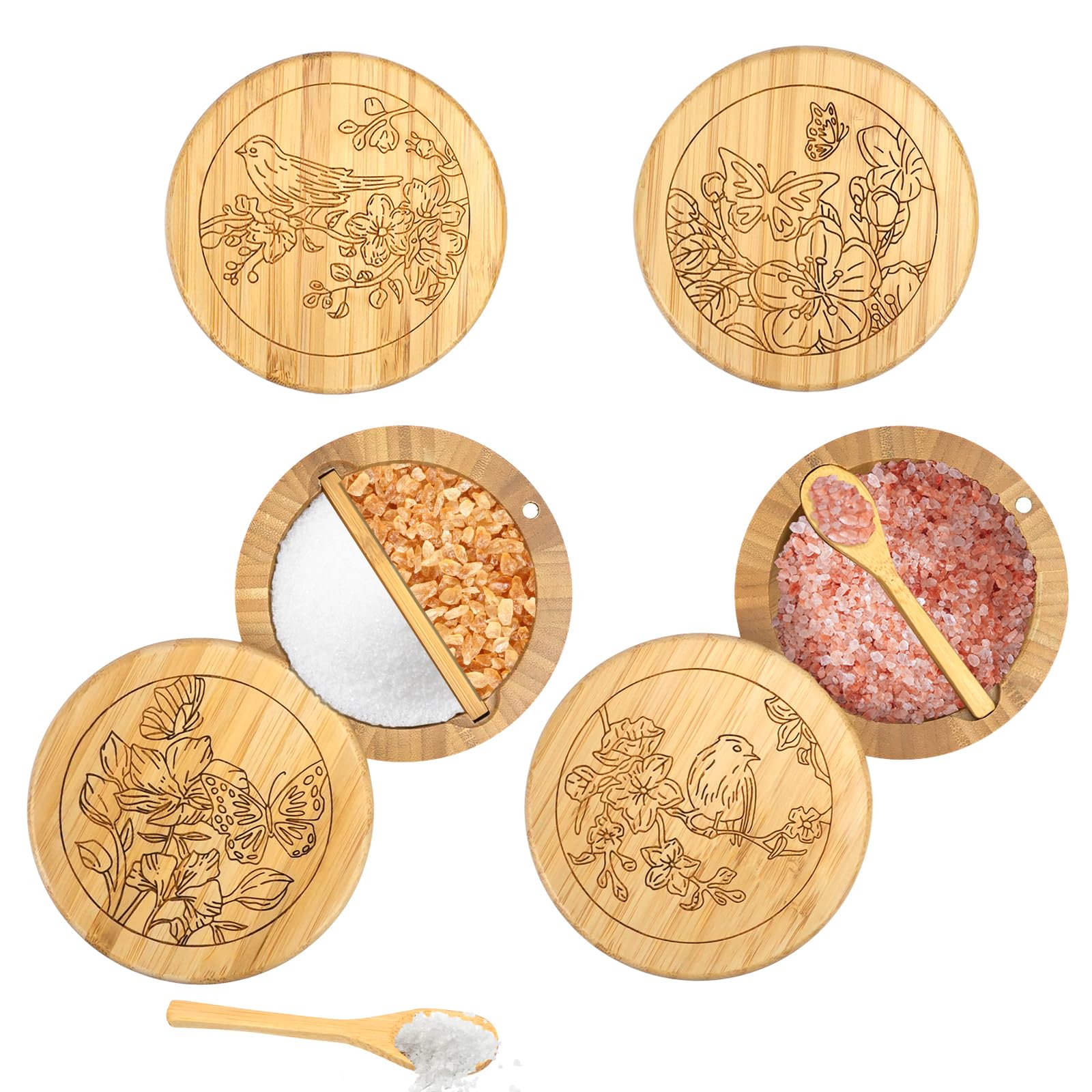 RETON Paquete de 4 cajas de sal de bambú con divisor, contenedor de especias de madera para especias y pimienta con tapa giratoria magnética y cuchara, tarros de madera para sal, pimienta, especias
