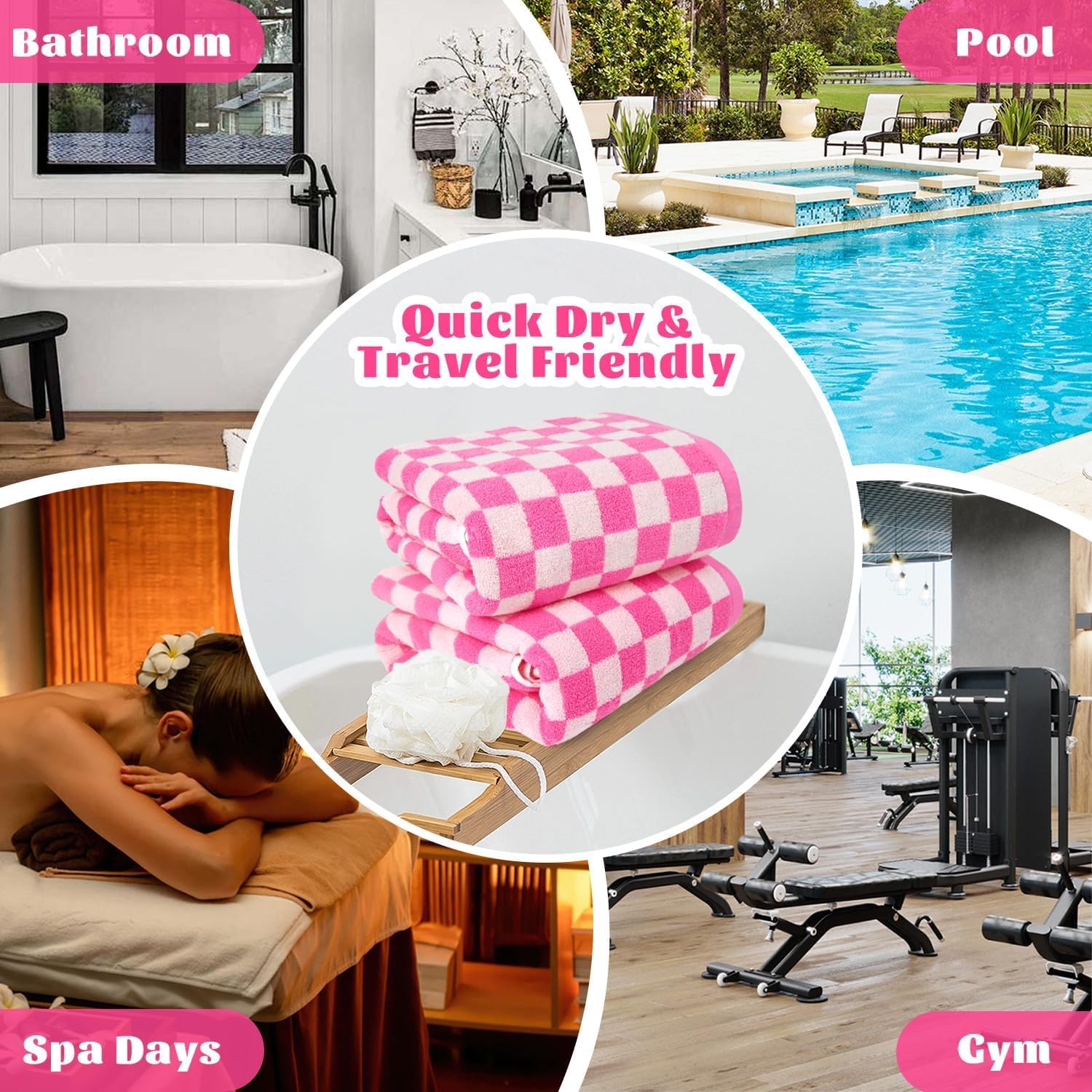 Jacquotha Hot-Pink Checkered Cotton Bath Towels Set of 2 - Cute Aesthetic Bathroom Towels for Women Girls Teens, Valentines Bathroom Decor 27.5" x 55" - Image 8