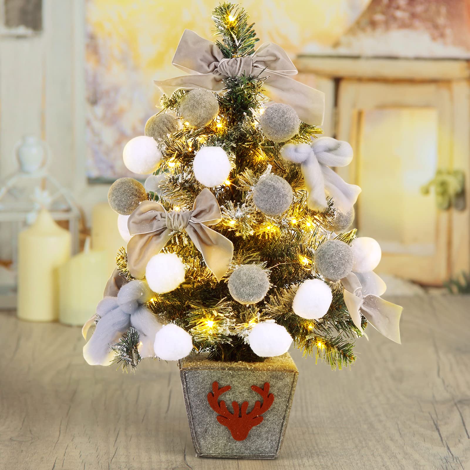 Weihnachtsbaum Künstlich, 60 cm Esstisch Schnee Fallender Weihnachtsbaum mit Weihnachtskugeln, Schleifen und 50 LED Leuchten Geeignet für Weihnachten Partys Zuhause Drinnen und Draußen - Grau