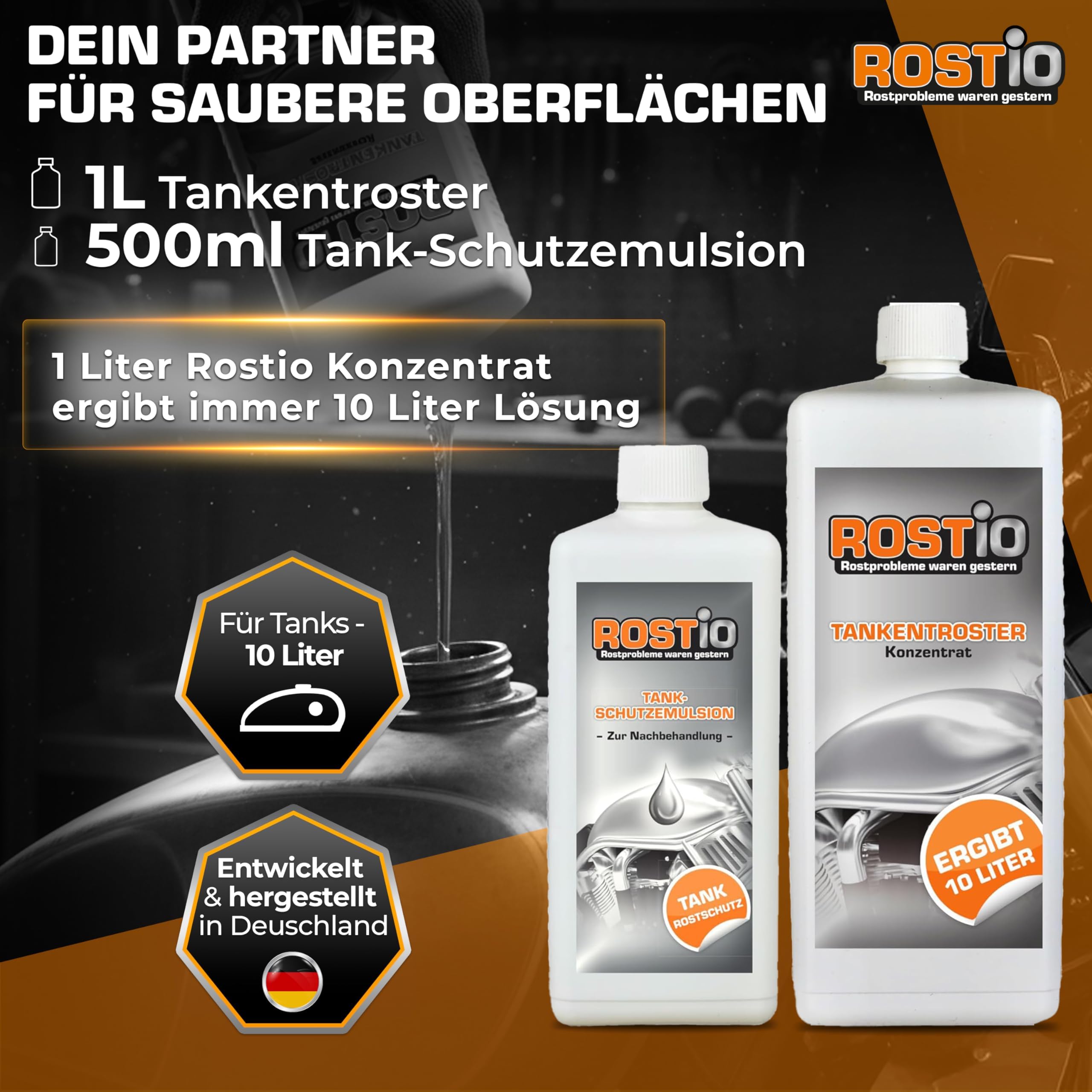 Rostio Tank rust remover 1 Liter plus Tank-protection Emulsion Tank Sealing Set, Tank Rust Removal