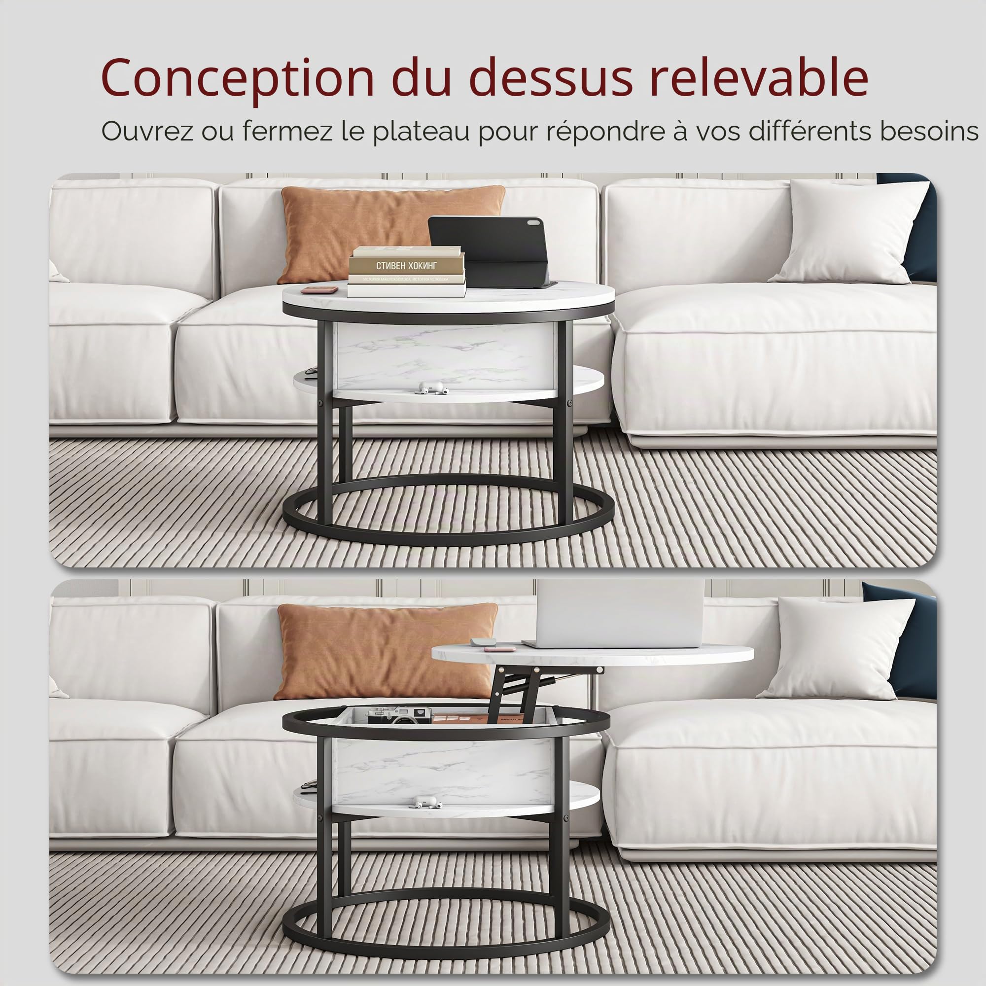 HOJINLINERO Table basse ronde, table basse à plateau relevable pour salon, table en bois avec rangement caché et plateau relevable, table centrale moderne pour canapé, meubles de salon, blanc