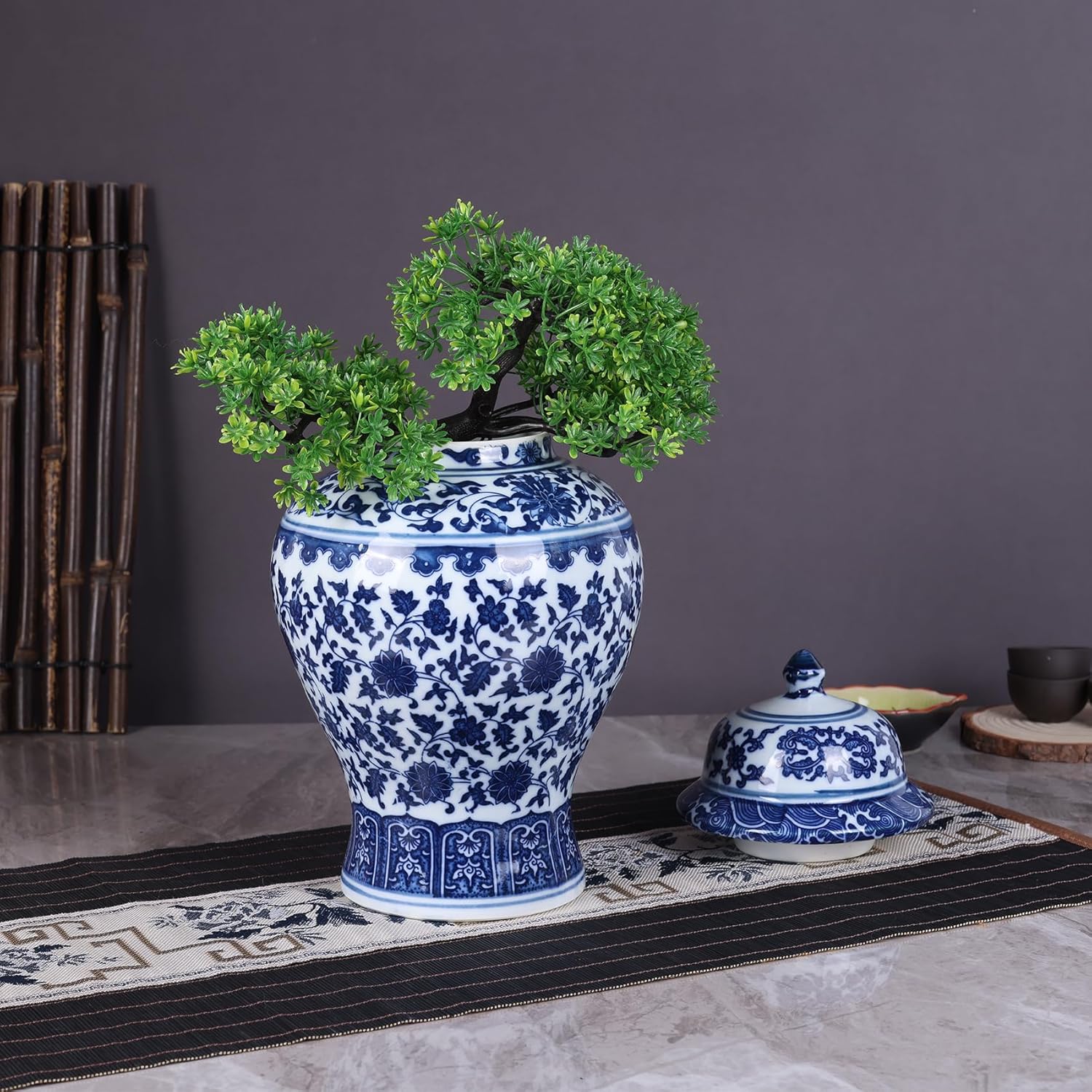 Big Chinoiserie Blue and White Porcelain Ginger Jar with Lid- Handcrafted Decorative General Ginger Jars for Home Decor, Ginger Jar Vase (Great Branch)
