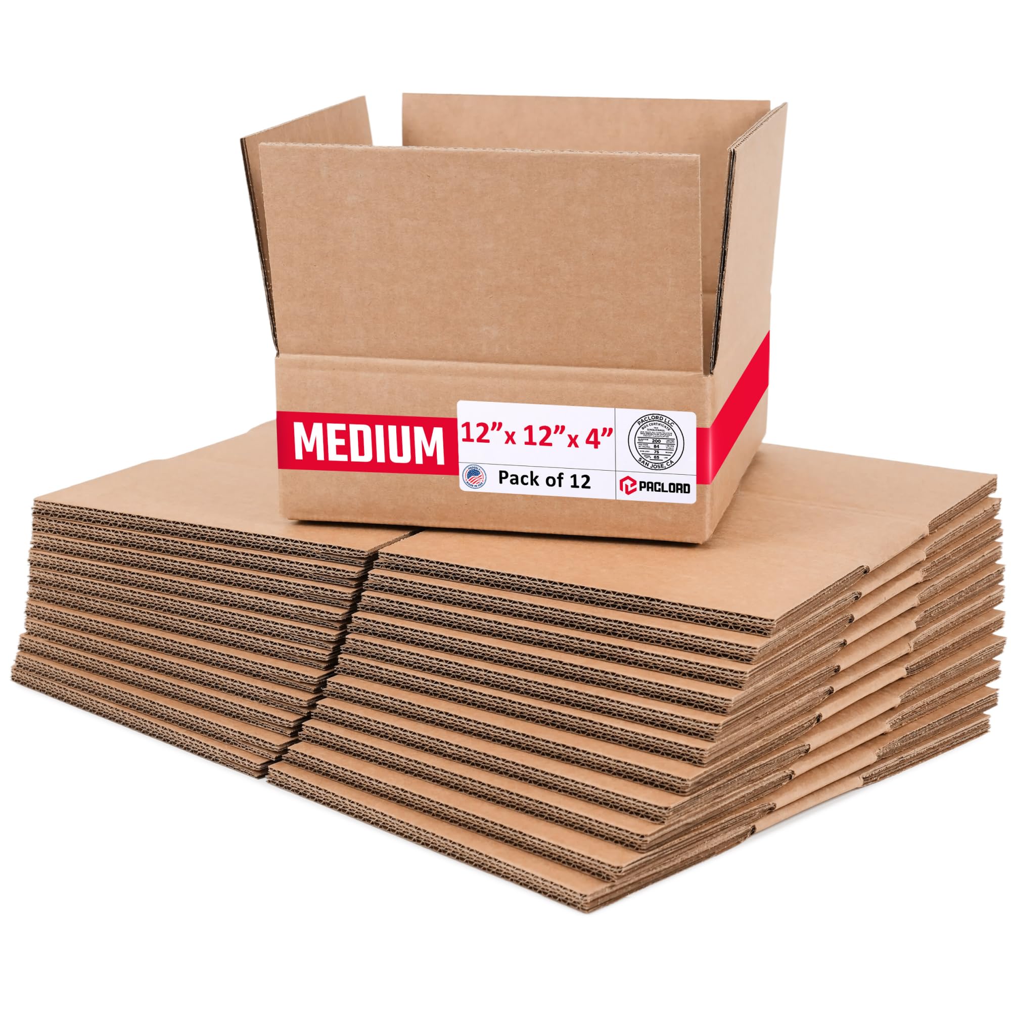 Medium Cardboard Boxes 12"L x 12"W x 4"H, Pack of 12 | USA-Made Packing Boxes for Moving, Shipping, or Storage - USPS, UPS, FedEx Approved - Professional Packing Supplies