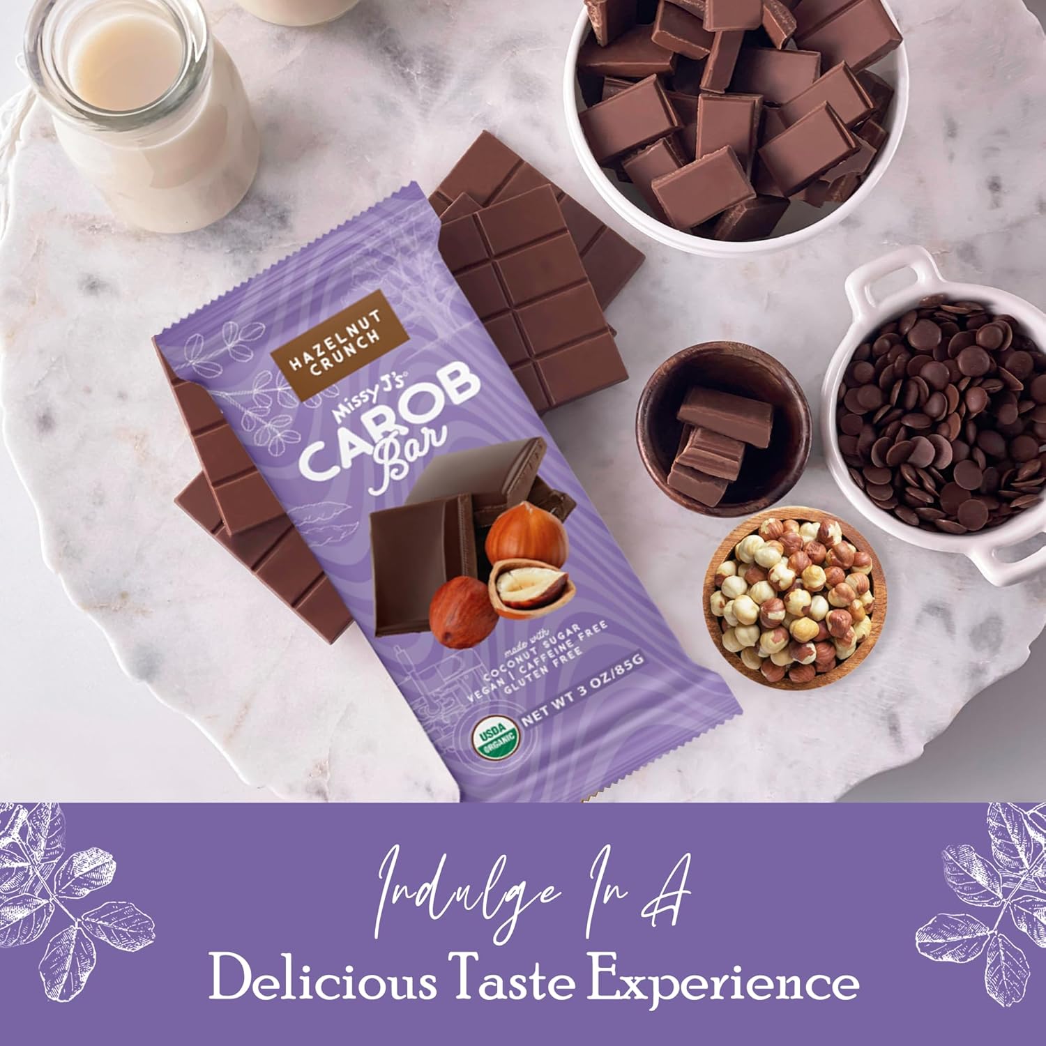 Missy J's Organic Carob Bars Hazelnut 3 Oz 12 Pack, Made with Coconut Sugar, Vegan, Gluten and Caffeine Free, Healthy Substitute for Chocolate, Perfect for Snacks and Treats