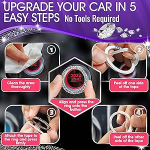 Car Bling Push Start Button Cover Durable Zinc Alloy Bling Ring Sticker with Crystal Rhinestones, Fits Most Engine Start Stop Decoration for Car Interior Accessories, Tool-Free Installation, Silver